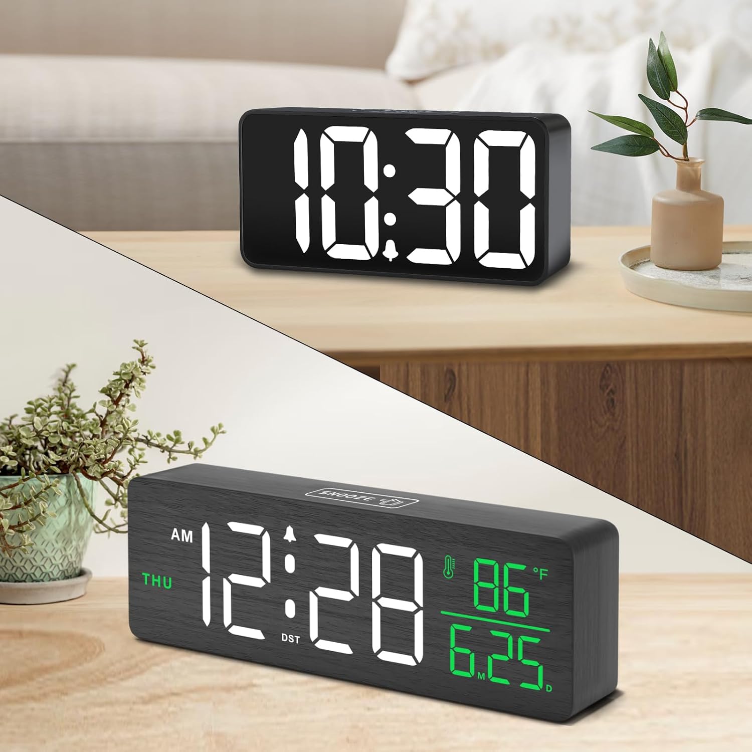 DreamSky Small Digital Clock and Wooden Alarm Clock with Date