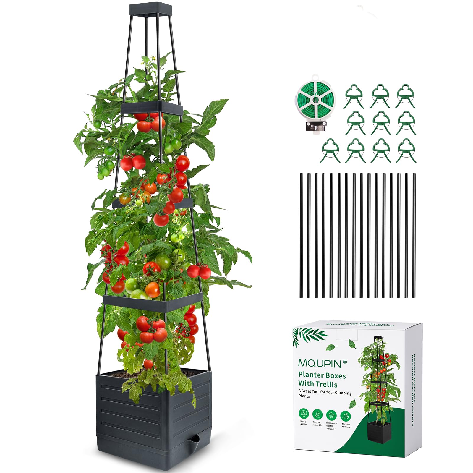MQUPIN Tomatoes Planter Boxes Raised Garden Bed with Trellis for Climbing Vegetables Plants, Self-Watering Planter Boxes Outdoor Adjustable Vine Support