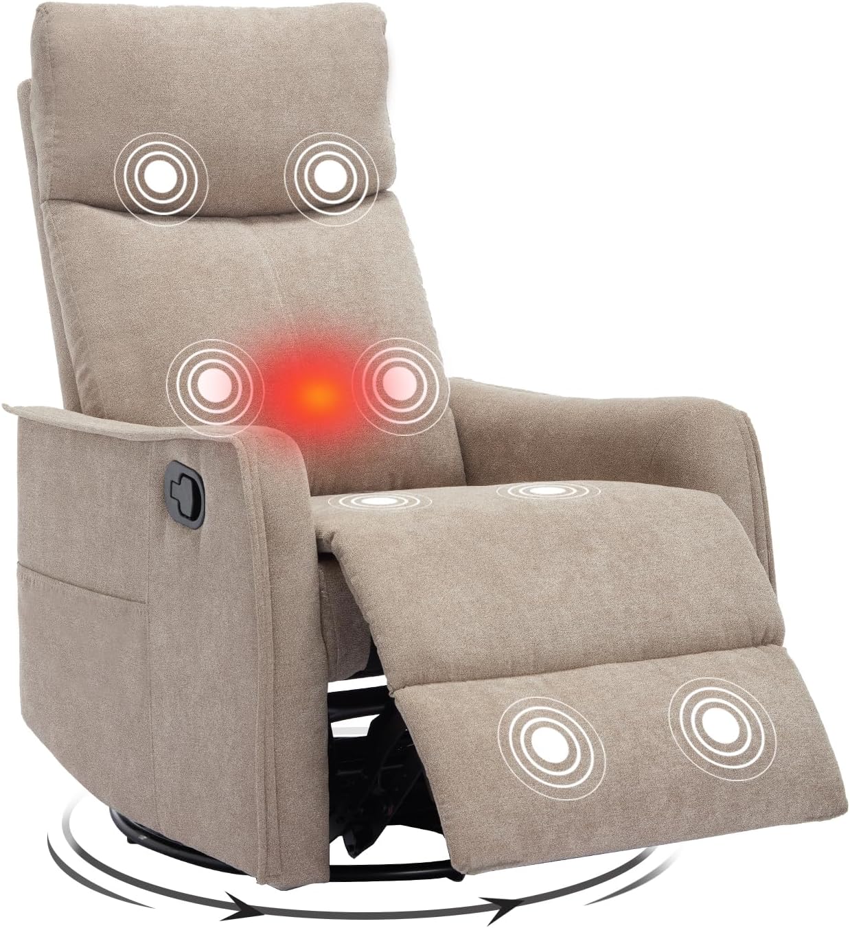 Swivel Rocker Recliner Chair, 360° Swivel Recliner with Heat and Massage, Rocker Recliner Nursery Glider Chair with Side Pockets for Living Room (Khaki, Fabric)