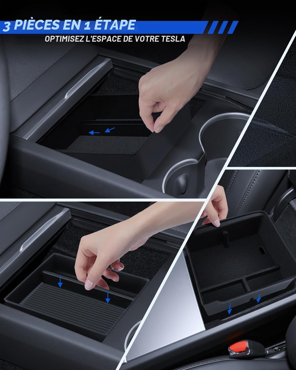 Lot de 3 accessoires pour Tesla Model 3 2024-2026 Organiseur de console centrale en silicone et boîte de rangement pour accoudoir (flocage)