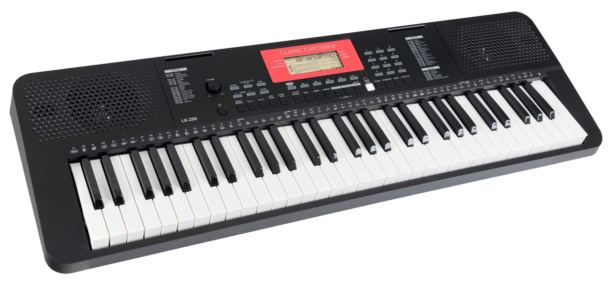 Classic Cantabile LK-290 Leuchttasten-Keyboard - 61 Tasten mit Anschlagdynamik - 580 Klänge und 200 Begleitrhythmen - Anschlüsse für Kopfhörer, Sustain-Pedal und MP3-Player - schwarz | 61 Tasten in Normalgröße mit roter LED-Beleuchtung, Anschlagdynamik (i