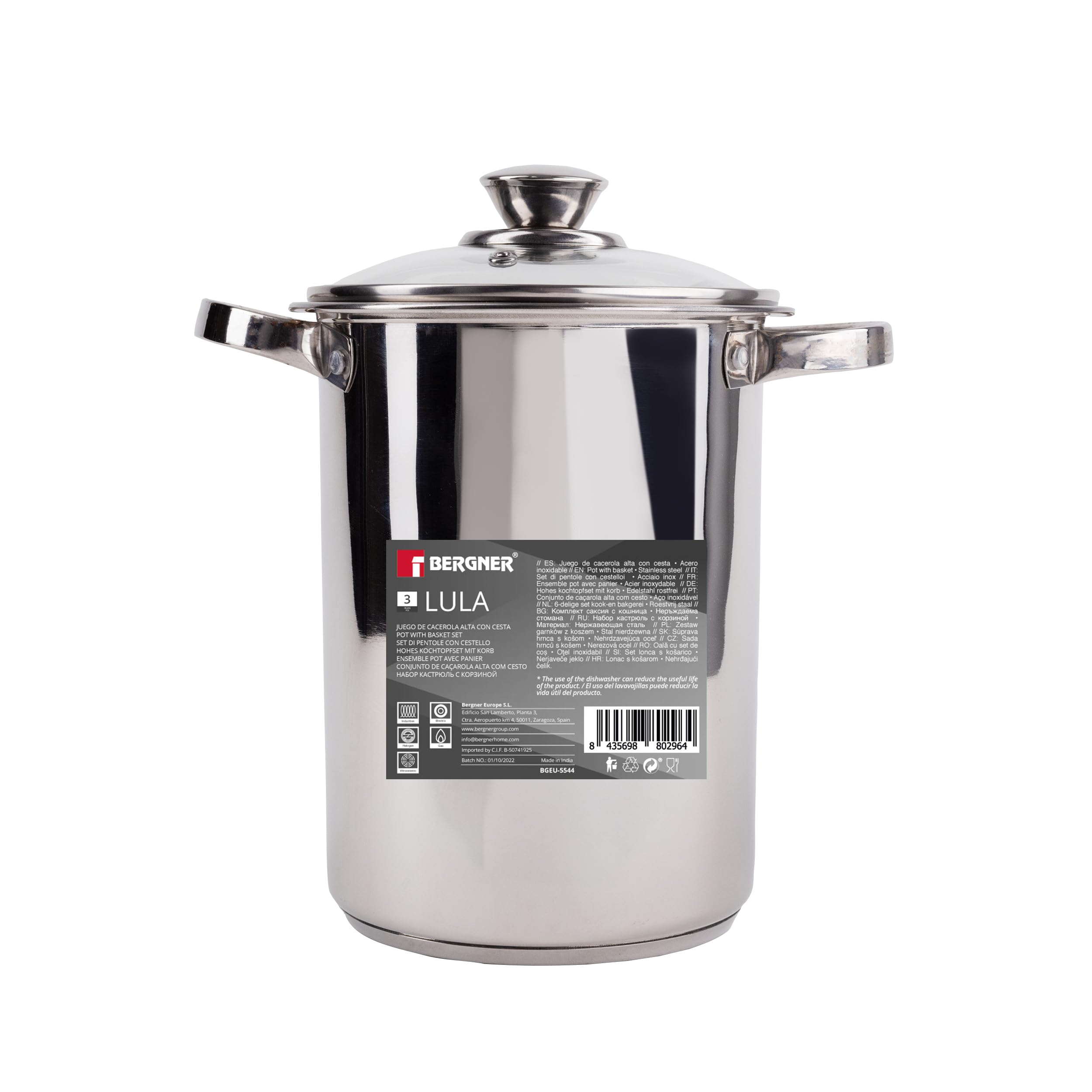 BERGNER Lula - Cuoci asparagi a 3 pezzi con fondo tappato - Coperchio in vetro - In acciaio inox - Facile da lavare - Alta qualità e resistenza