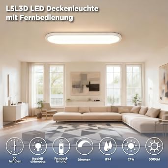 LED Ceiling Light with Remote Control 24 W Dimmable 2700 K-6500 K 3000 Lumen IP44 Waterproof Memory Function Night Light for Living Room Bedroom Kitchen Bathroom Hallway 60 x 20 cm [Energy Class D]
