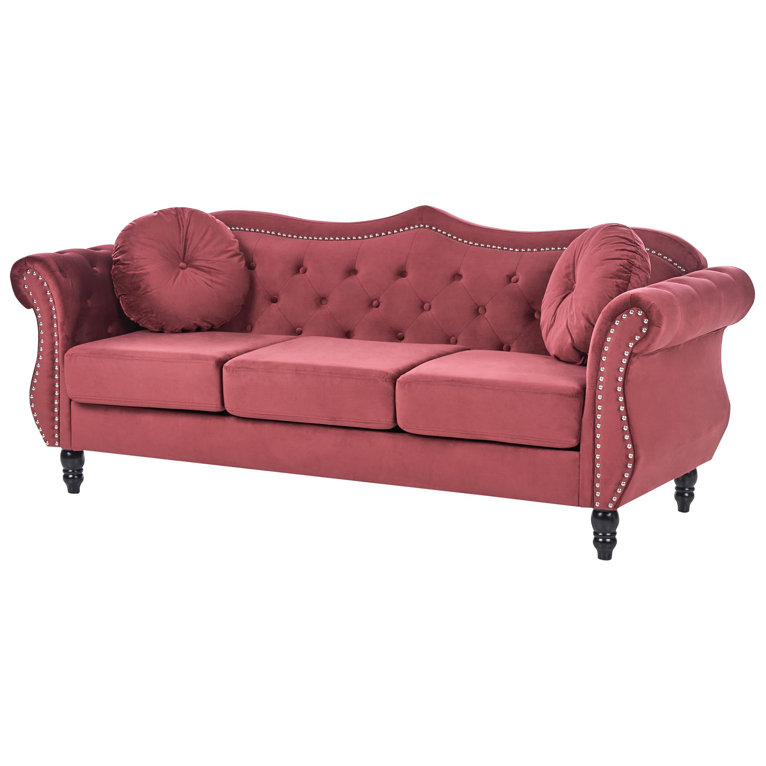 Trzyosobowa sofa welurowa pikowana ciemnoczerwona z okrągłymi poduszkami Skien