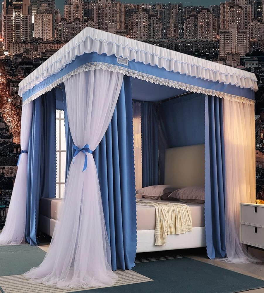 Blue Bed Canopy Mosquito Net for Single Double Bed, Girl Princess Room Romantic Bedroom Decoration 4 Corner Post Bed Curtains (Size : 180X200X200CM) (OneColor 180X220X200CM) (OneColor 180X20