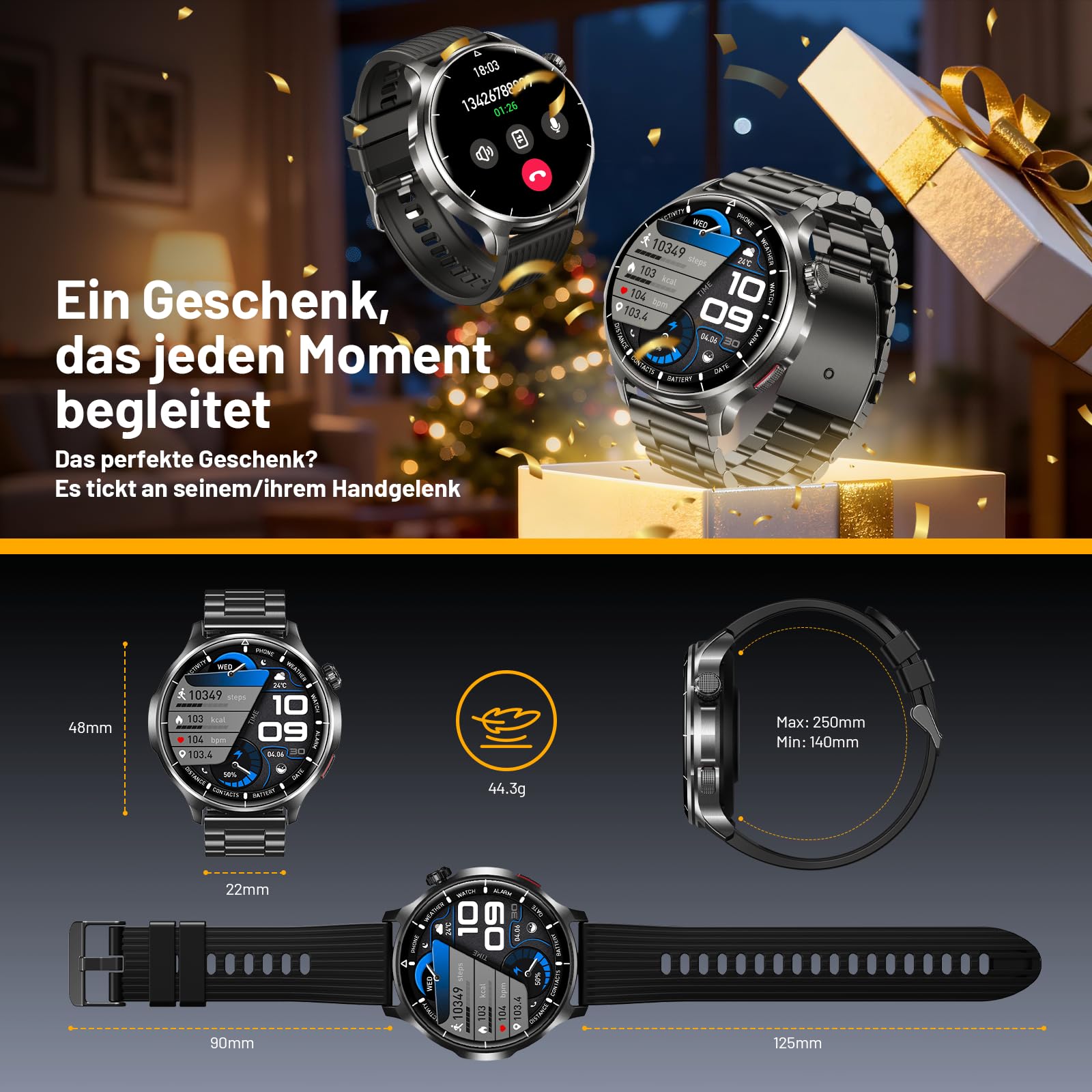 SLOKSFil Smartwatch Herren 1000 mAh Akku/1,52" HD Touchscreen, mit Bluetooth Anrufe/110+ Sportmodi/24H Herzfrequenz/IP68 Wasserdicht/Schlafmonitor, Schrittzähler Fitnessuhr Android iOS (Schwarz)