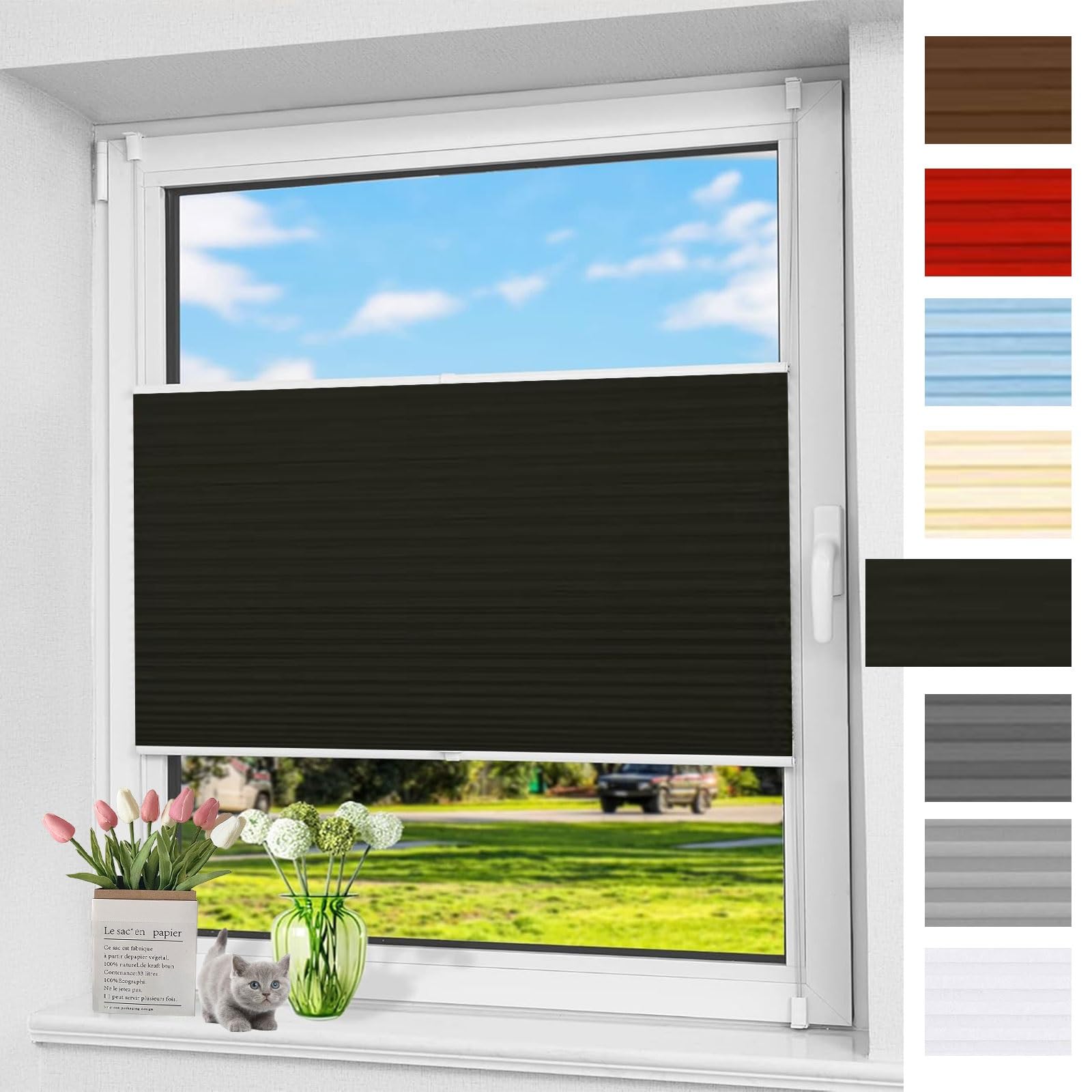 Store Plissé Sans Perçage Noir 30x140 cm protège des regards indiscrets sans abîmer vos fenêtres