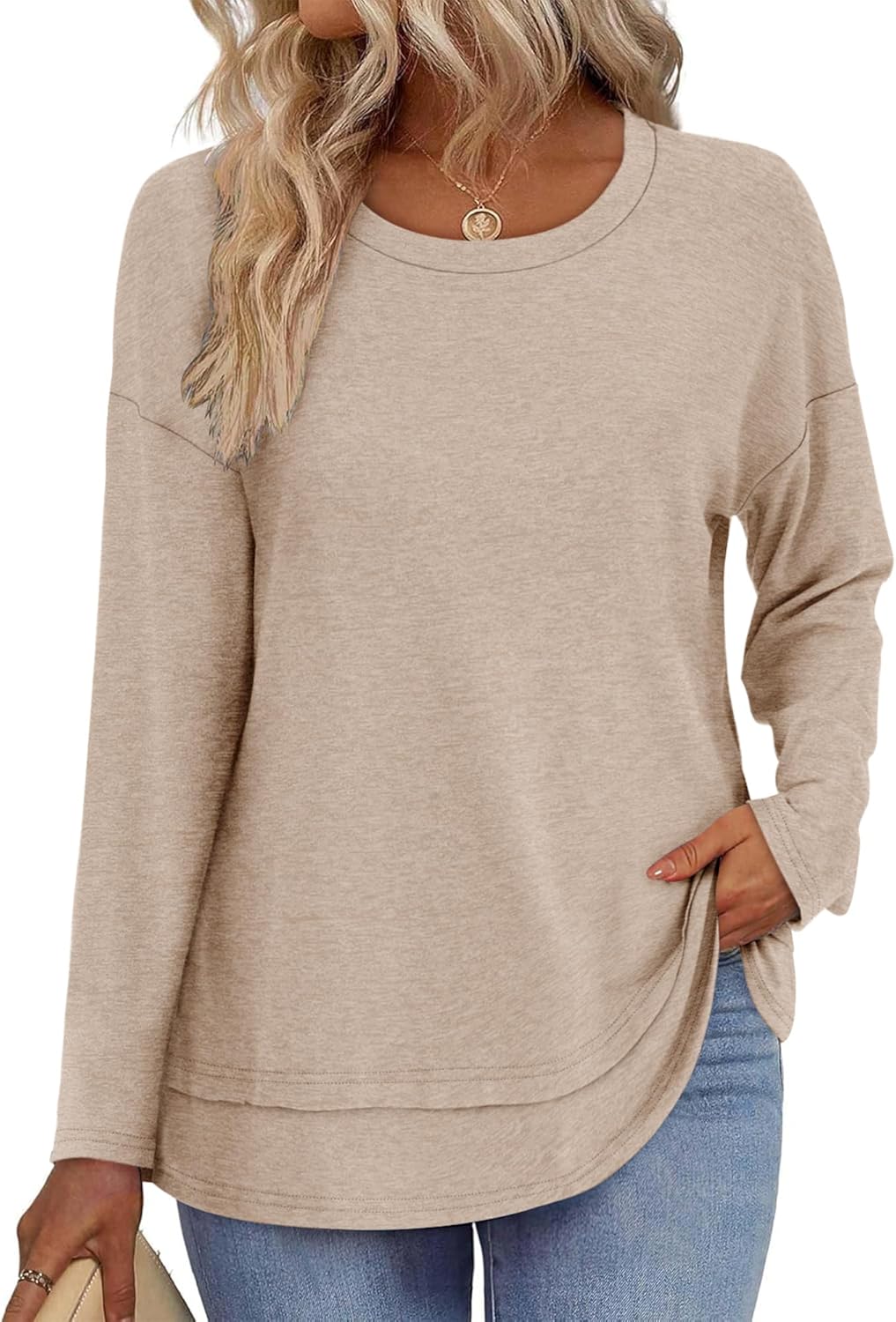 Women's Long Sleeve T-Shirts Solid Color Loose Fit Cute Basic Flowy Tops Spring Fall Casual Blouse Large 1_beige - Image 1 of 5