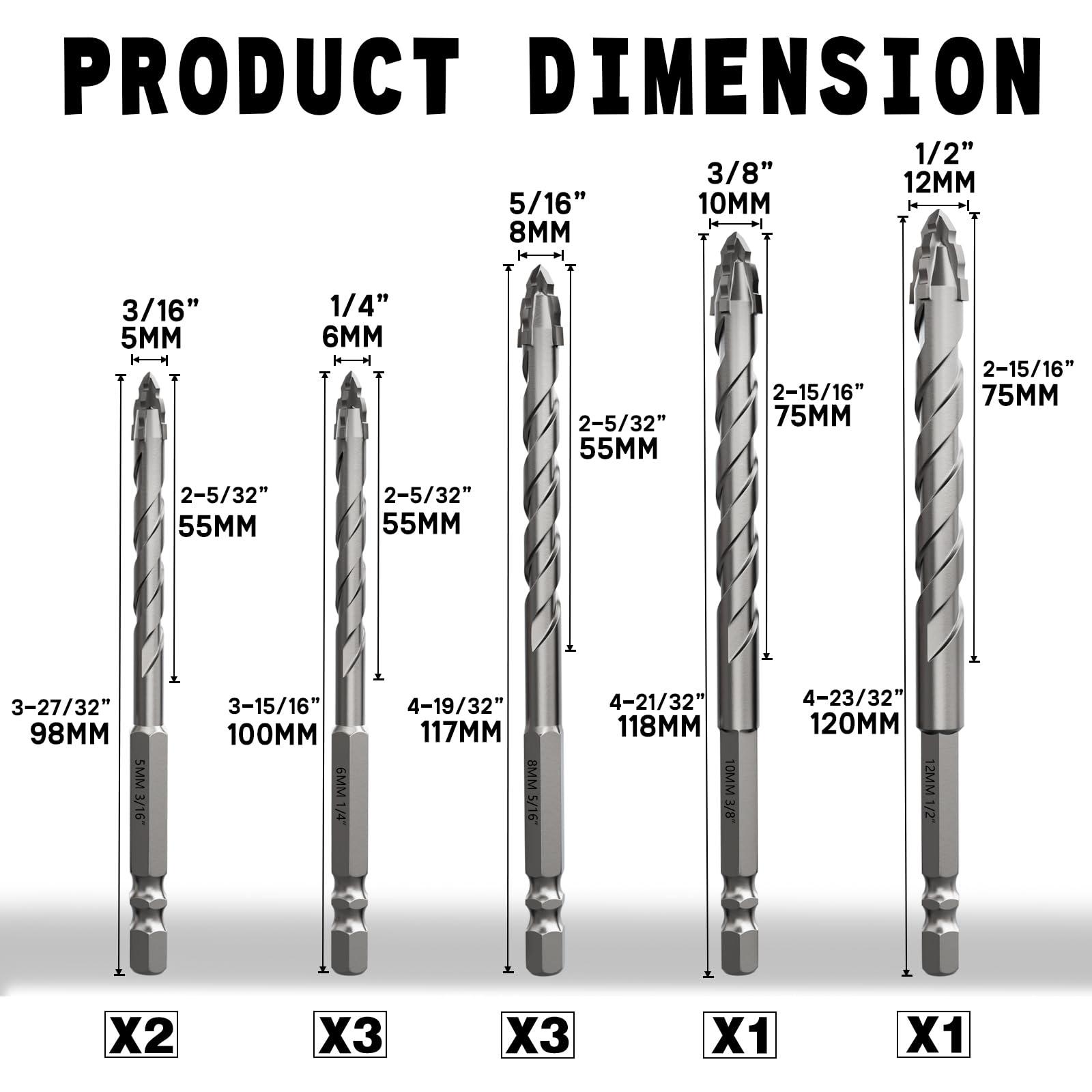 XZH 10Pcs Masonry Drill Bit Set (5mm to 12mm)-Hex Shank Set including Storage Case. Ideal for Concrete Tile, Brick, Glass - Image 2