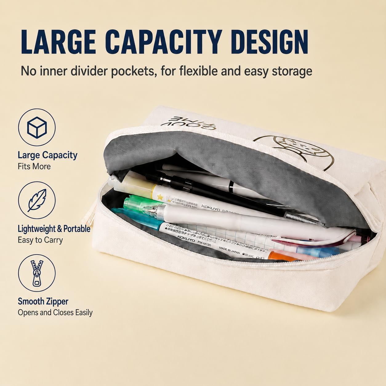 KOKUYO Noritake Large Capacity Pencil Holder, Zipper Stationery Case, Navy image 4