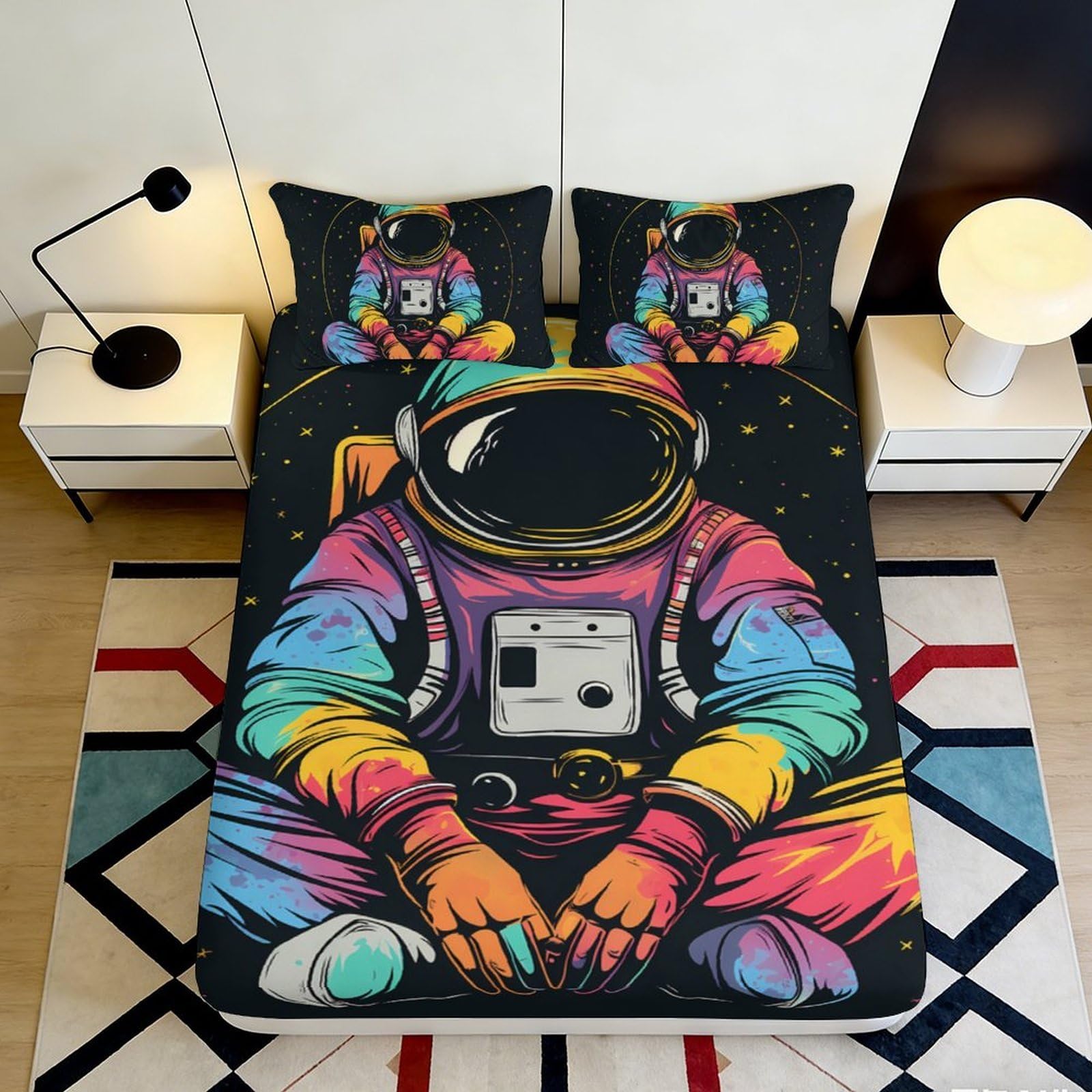 3D Printed Astronaut Galaxy Fitted Sheet Microfiber Soft Breathable Cosmic Space Mattress Cover Bedroom Decor 90x200x25cm