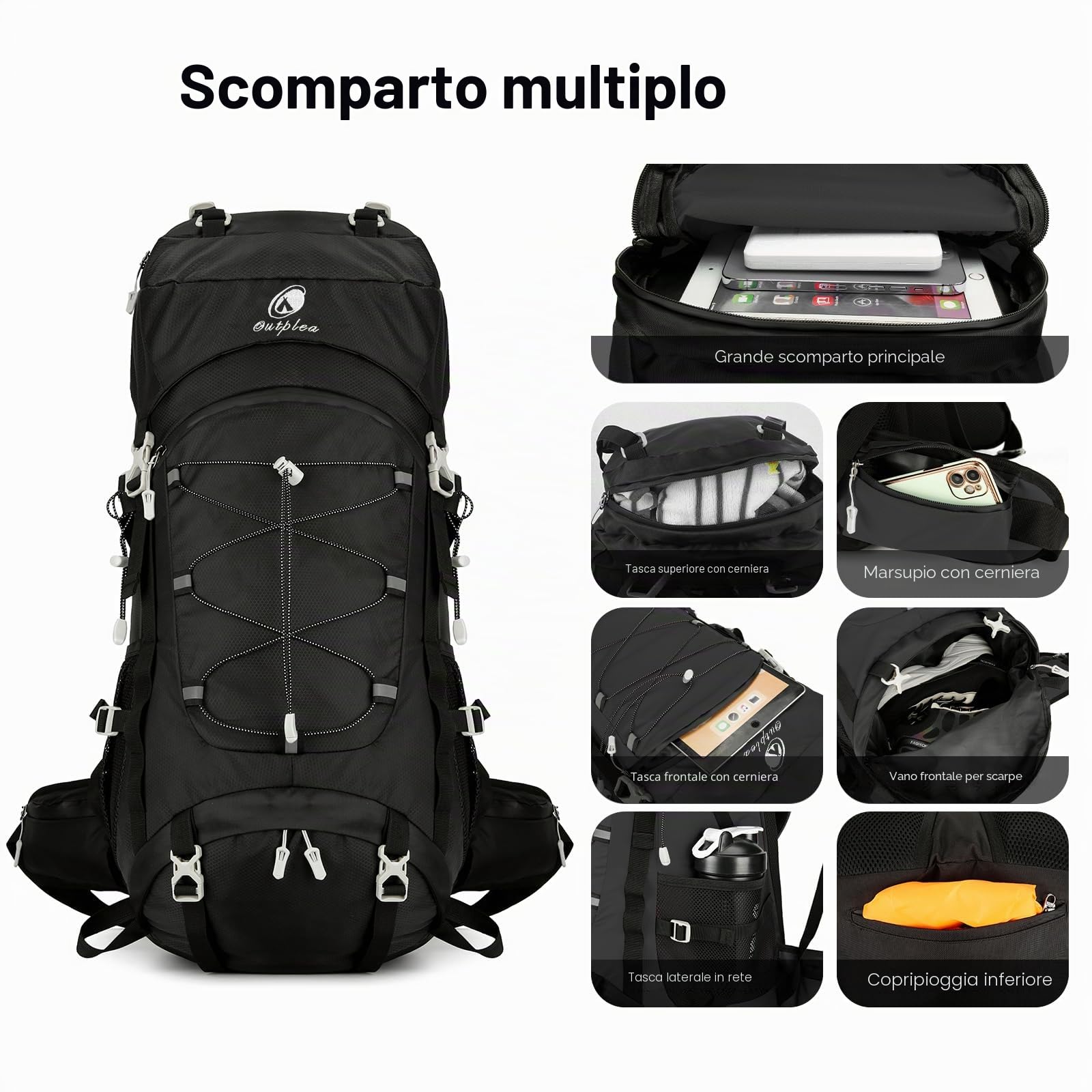 Zaino da trekking impermeabile da 60L per uomini e donne, grande zaino da campeggio con copripioggia, zaino da trekking con rete posteriore per viaggi trekking backpacking, Nero , ‎60L