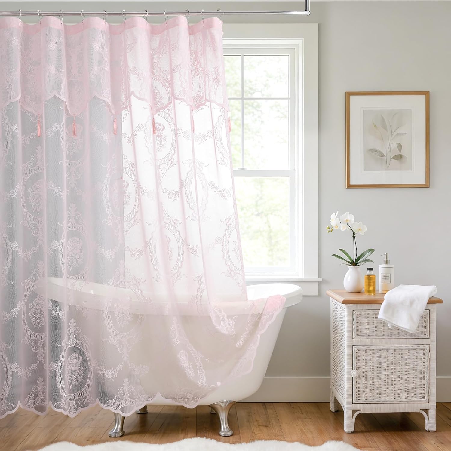 Pink Lace Shower Curtain with Valance and Tassel, Shabby Chic Romantic Floral Sheer Shower Curtain, Vintage Scalloped Edge Decorative Bathroom Curtain for Girls & Women, 72" W x 72" L