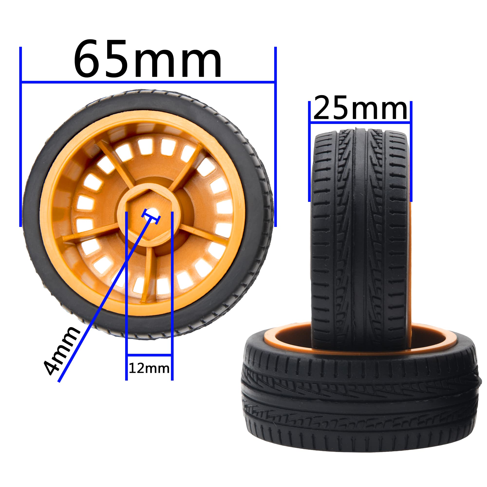 Hot Wheels 10mm/10mm Lettered with Gold rims 5 spoke Treaded rubber tire set