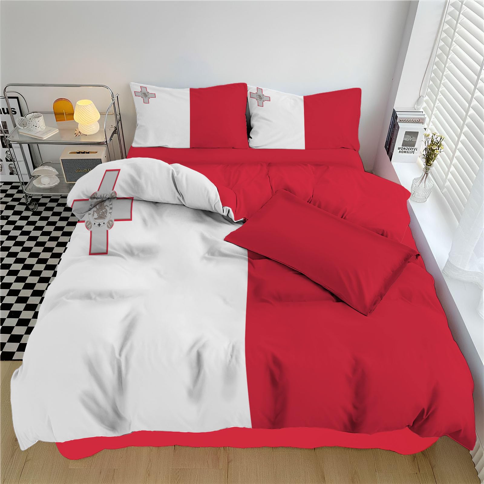 Housse de couette 220x240 maltaise : parure lit microfibre rouge et blanc géométrique