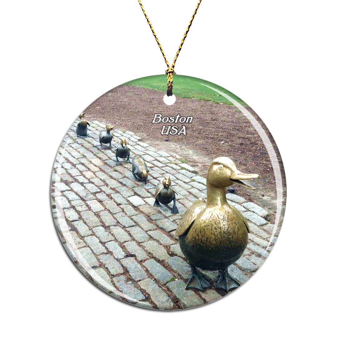 Weekino Usa America Boston Public Garden Duck Park Christmas Xmas Tree Ornament Decoration Hanging Pendant Decor City Travel Souvenir Collection Double Sided Porcelain 2.85 Inch