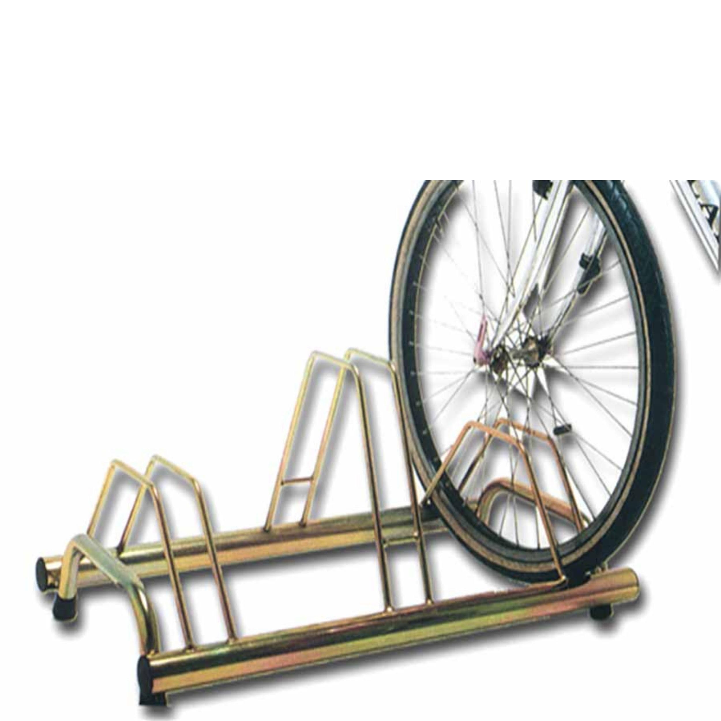 ANDRYS Rastrelliera Biciclette 3 Posti con Tappi in PVC - Porta Bici da Terra per Interni ed Esterni - Posteggio Alto e Basso - Acciaio Zincato a Freddo (Tropical Oro)