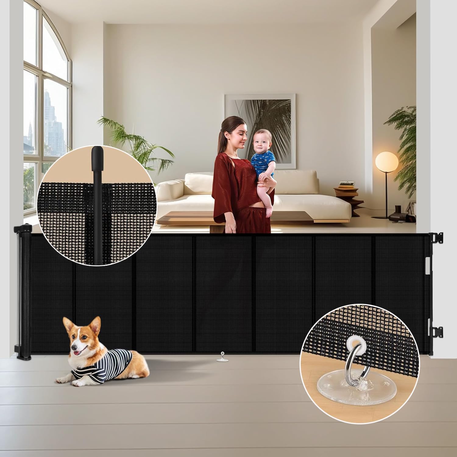Barrière de Sécurité pour Enfant et Chien, 1.5M/3M/5M, Renforcement en Fibre de Verre, Noir