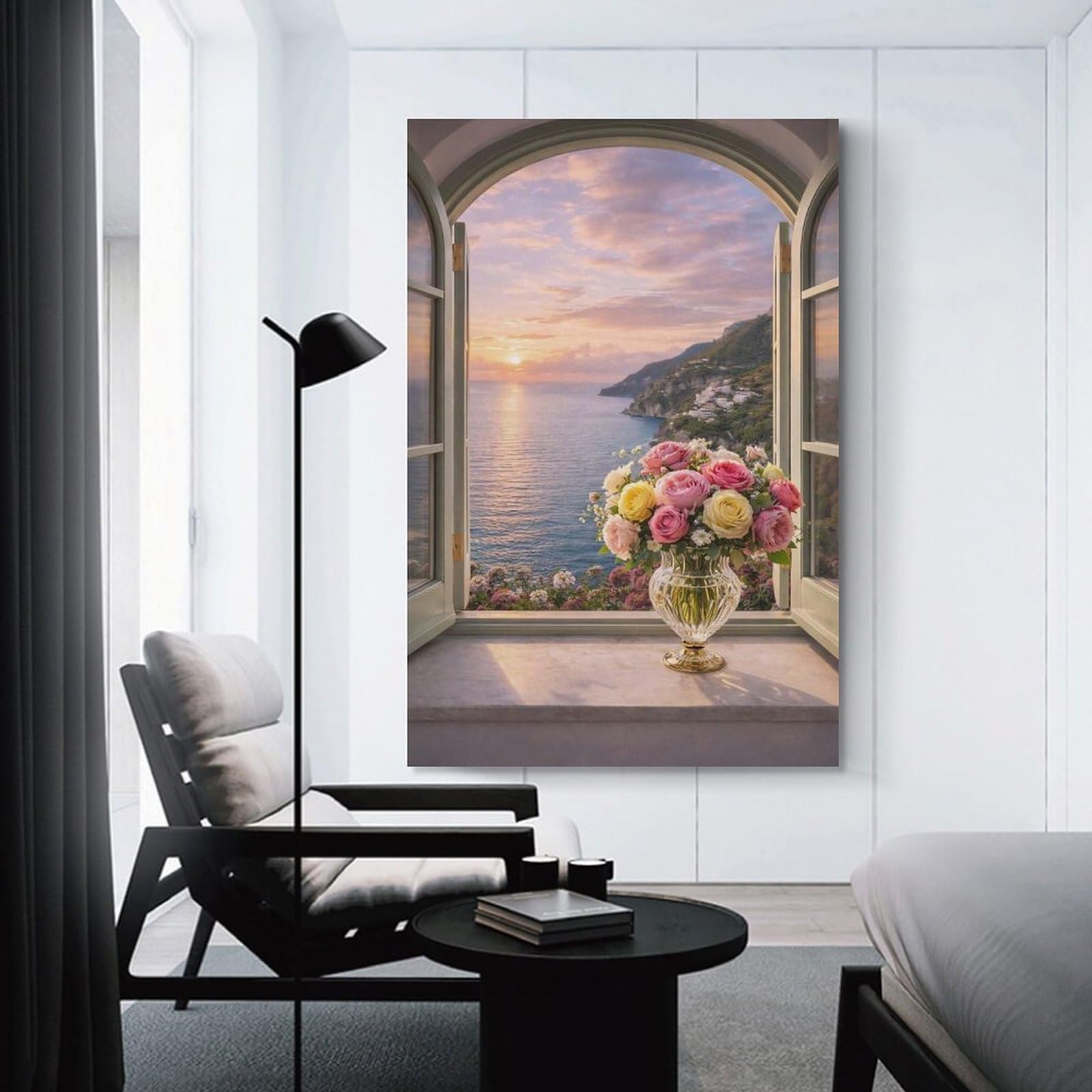 Junmoney Room Decor Wall Art Window View of Positano at Sunset with Roses, 08x12inch(20x30cm), for Wall Displays, Bedrooms Or Room Updates, An Easy Match for Collected Prints