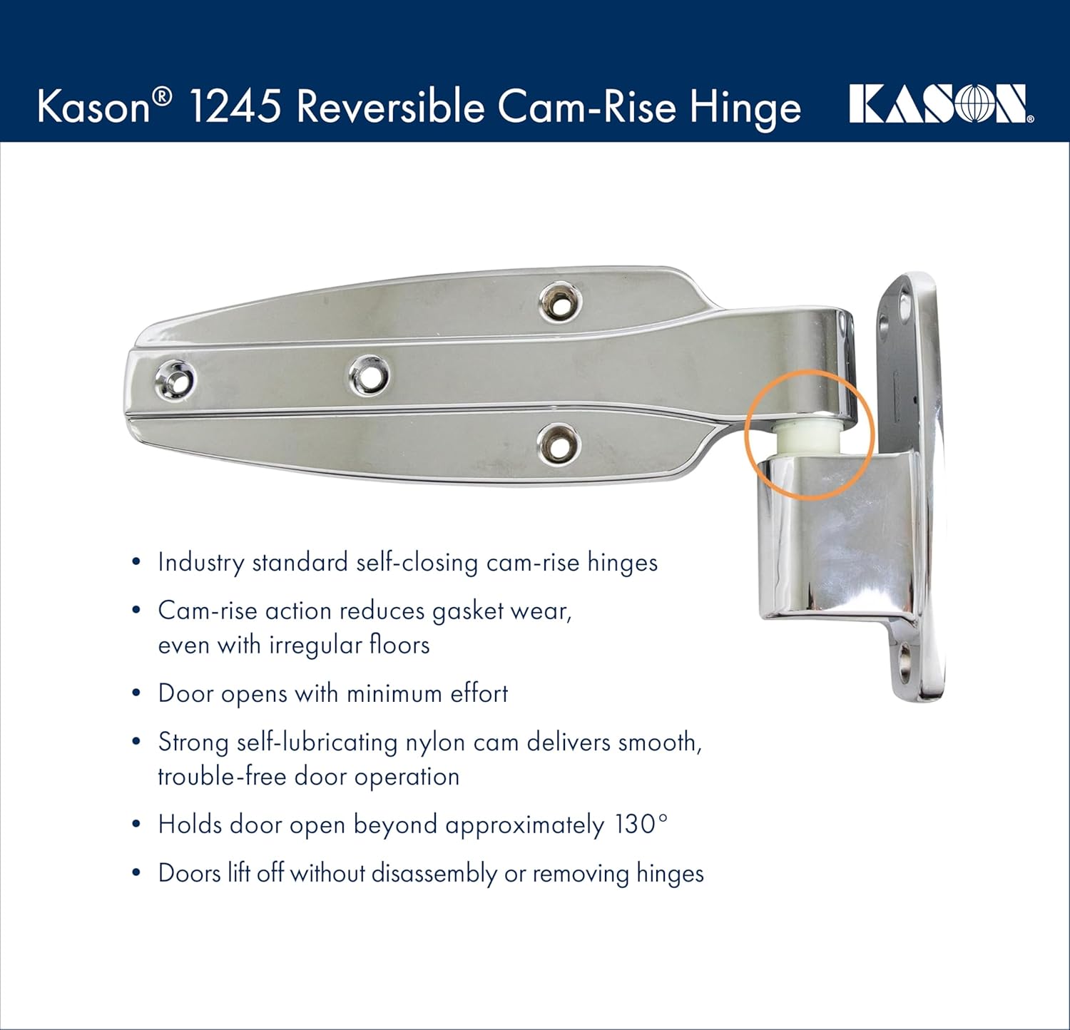 Kason 1245 Reversible Cam-Rise Hinge, Flush Offset, Brushed Chrome Finish, 11245000088