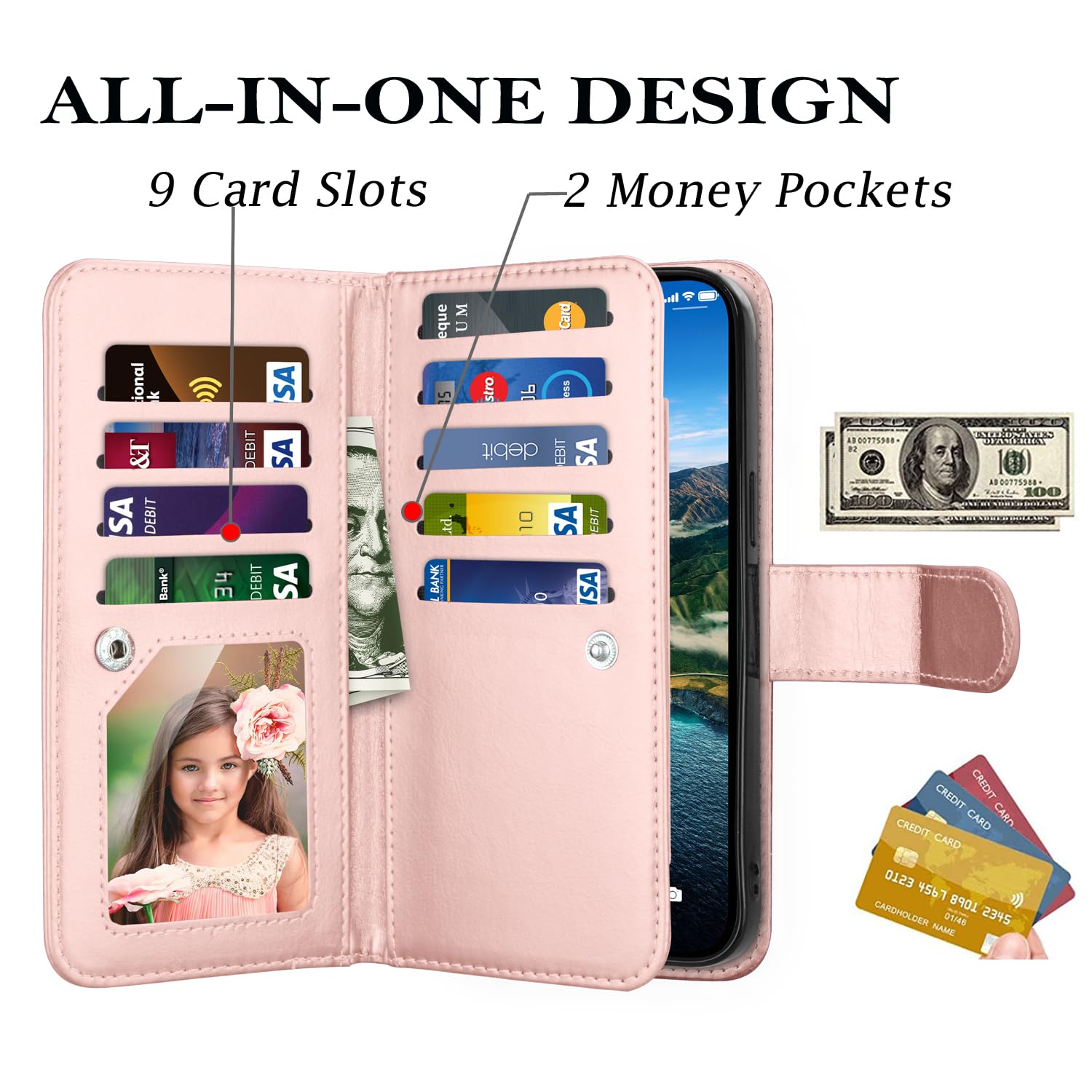 Takfox Wallet Case for iPhone 15 Plus, for iPhone 15 Plus Case, PU Leather Credit Card Holder Phone Case [9 Card Slots] Folio Flip Detachable Magnetic Cover Kickstand & Carrying Wrist Strap, Marble