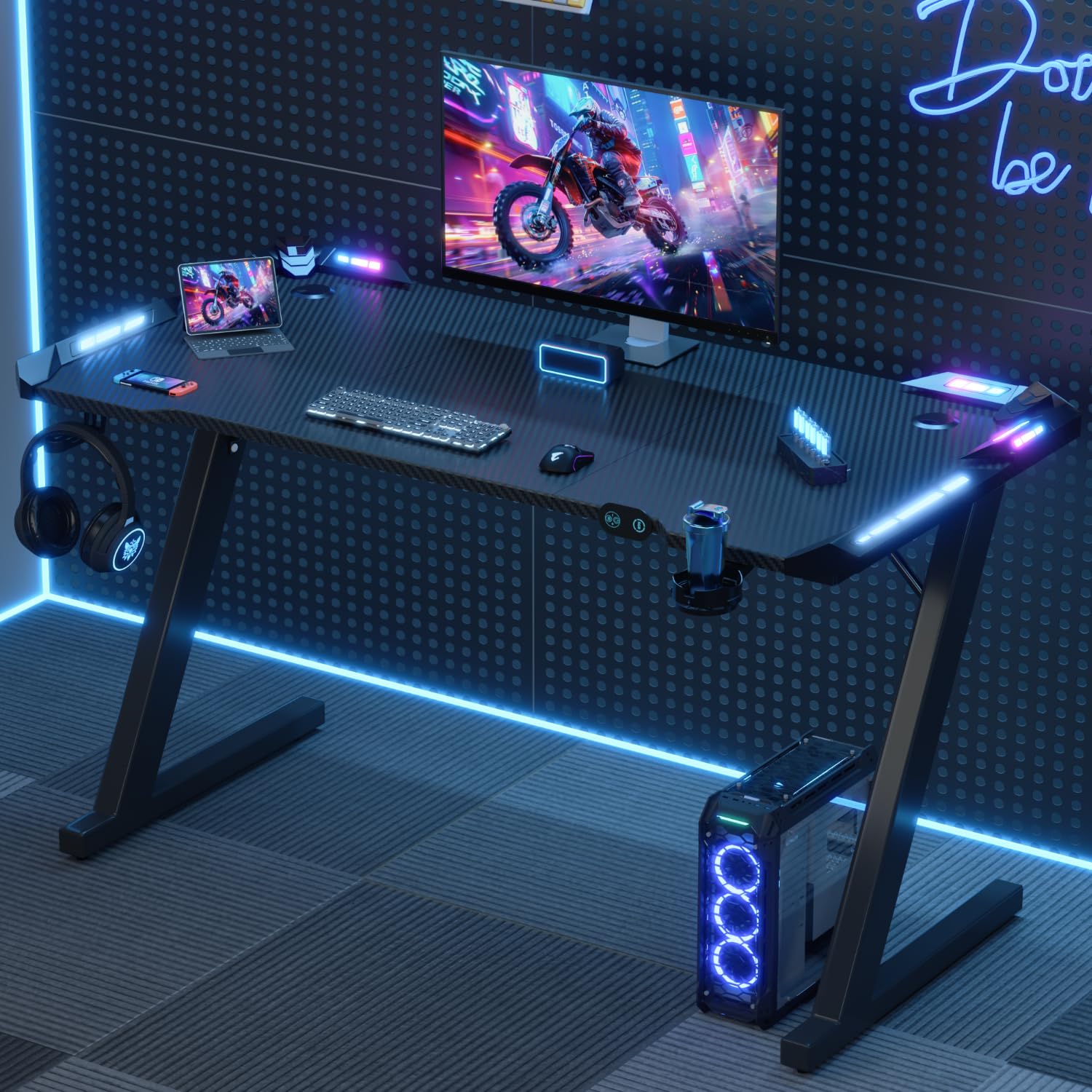 Devoko Bureau Gaming LED 120×60cm,Contrôleur Touché de Lumière par USB, Plusieurs Modes de Changement de lumière,Porte-gobelet et Crochet pour Casque, Bureau Gamer Informatique Ergonomique, Noir