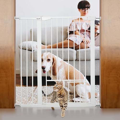 KBYTDREAM Puerta de metal extra ancha para mascotas de 29.5 a 40.5 pulgadas con puerta para gatos de 43.3 pulgadas de alto montada a presión a