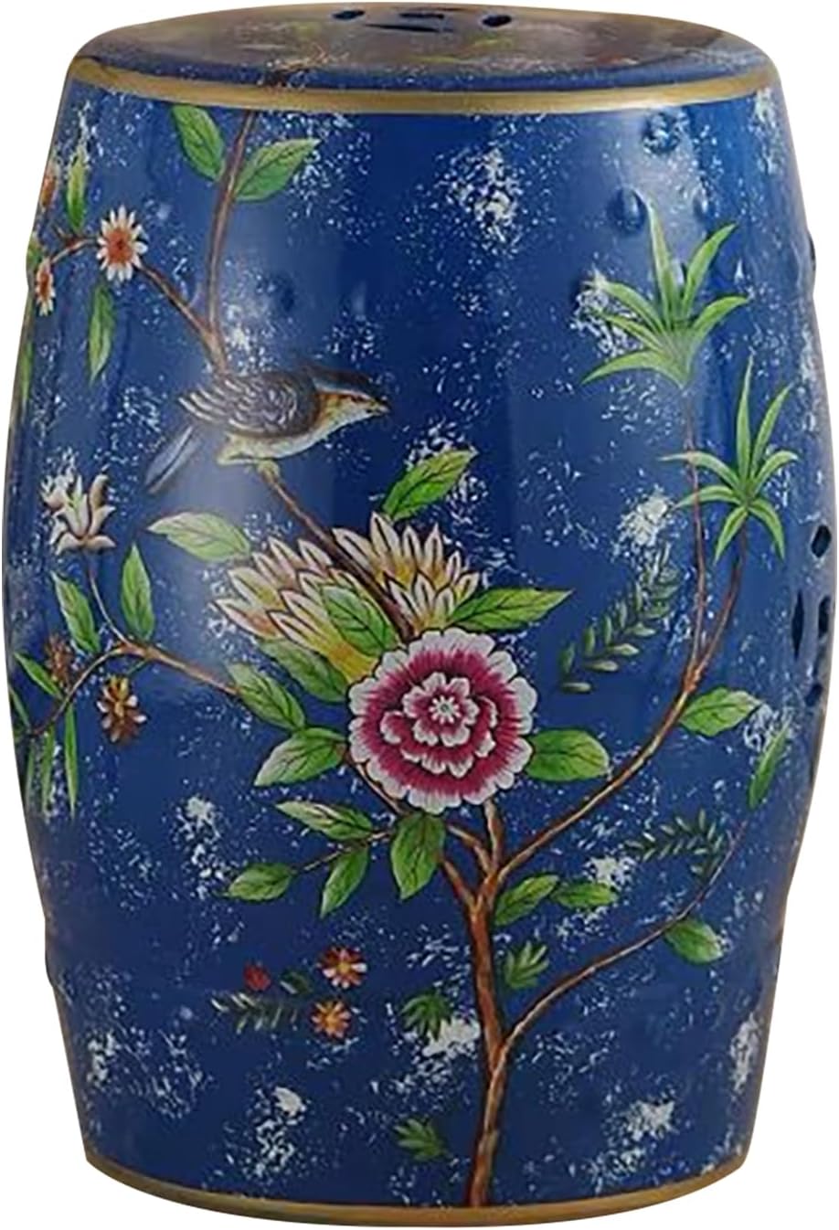 Decorative Drum Garden Stools, Ceramic Garden Stool, Modern Glazed Hand-Painted Bird and Plant for Living Room, Bedroom, Balcony, Patio(Blue)