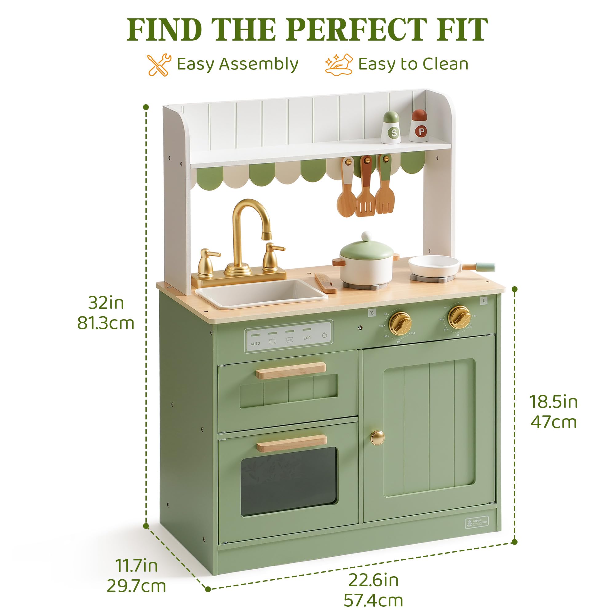 ROBUD Cucine da gioco in legno per bambini, con stoviglie, pentole, insalatiera e verdure, adatte per bambini dai 3 anni in su, verde