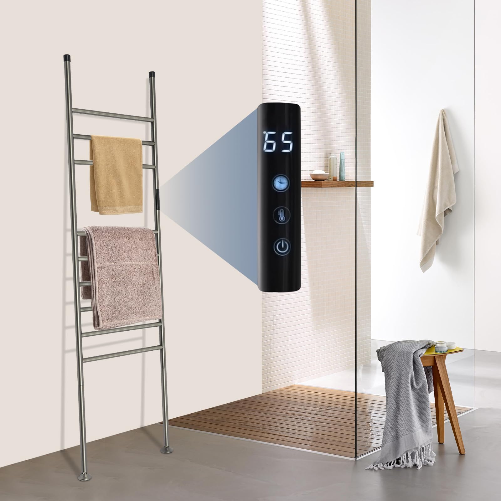 Handtuchheizkörper Elektrisch,Freistehende Handtuchleiter mit Timer 1-24H, 45-70°C, 180W Bodenstehender Badheizkörper, Stehend Handtuchtrockner Handtuchwärmer, 9 Querbalken (Grau)