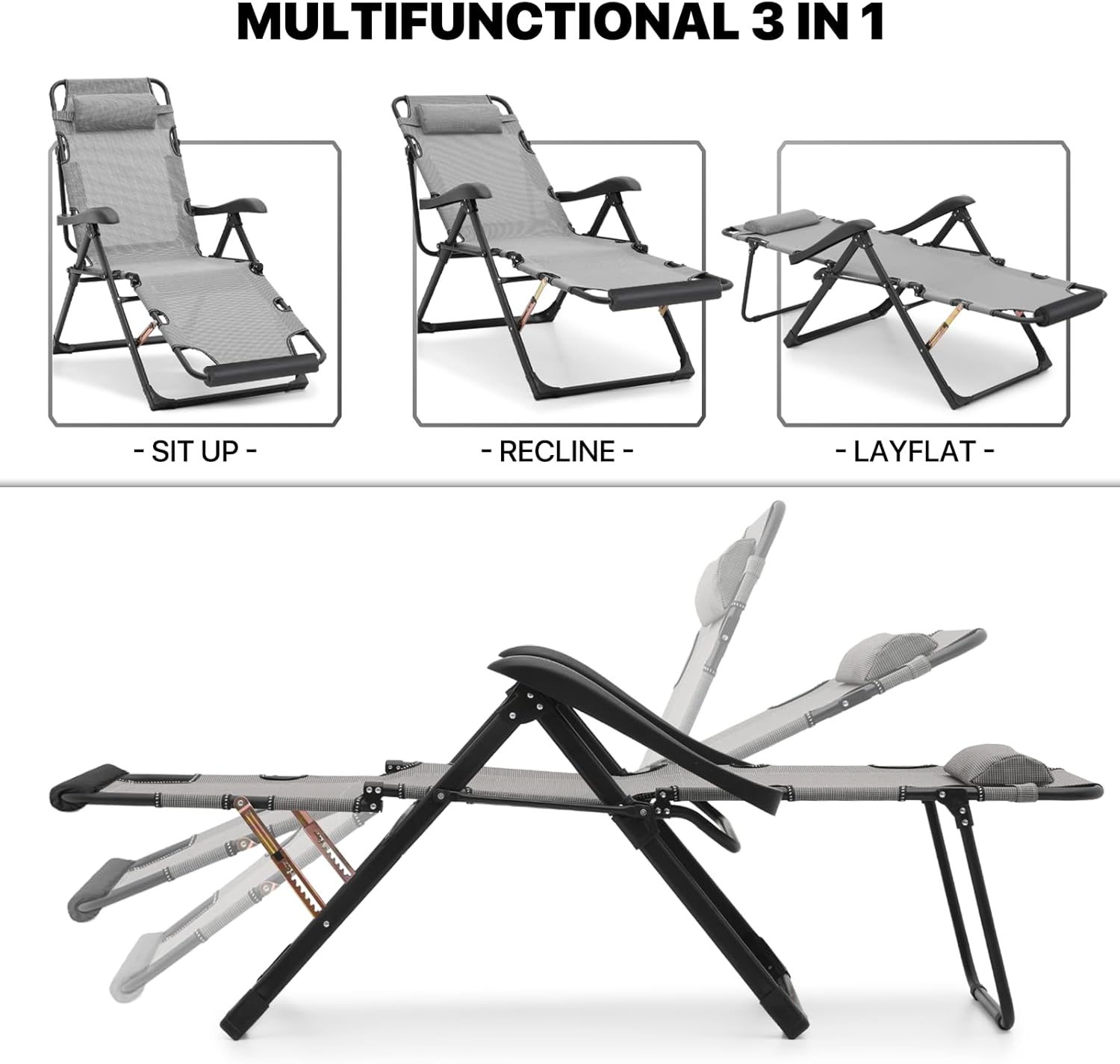 MoNiBloom Patio Lounge Chair Outdoor Reclining Portable Folding Lawn Chair with Additional Support Bar and Adjustable Footrest for Poolside Backyard Beach, Gray