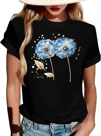 T Shirts for Women Graphic Trendy Loose Fit Summer Tops Casual Short Sleeve Round Neck Basic Tees Cute Floral Printed Boho Dressy Blouses Cute Clothes Ladies Blouses 2026 A Black,Large