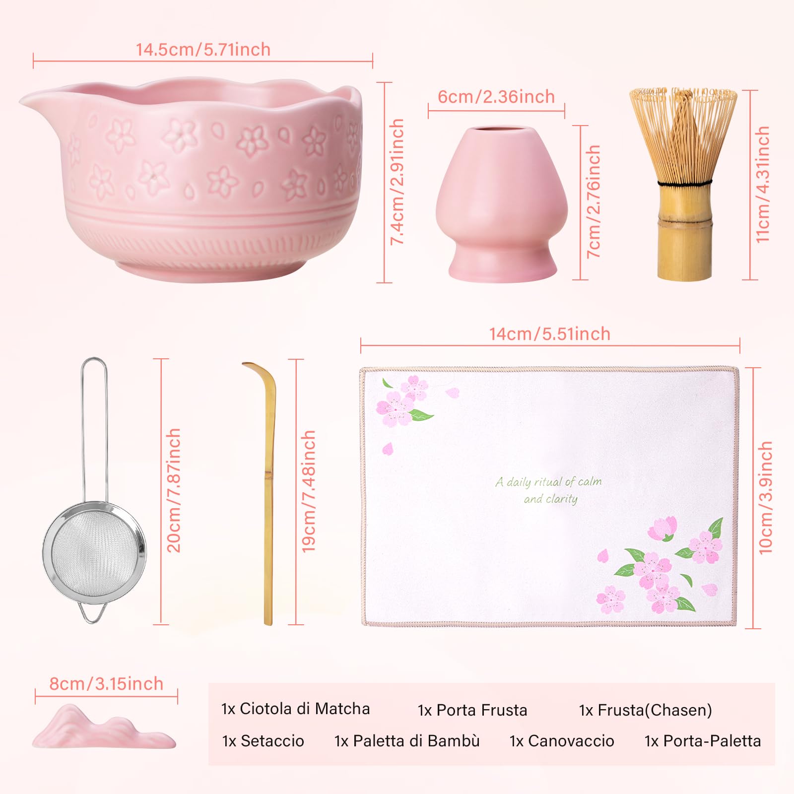 Matcha Kit - Matcha Set 7 pezzi: ciotola in ceramica, frusta e portafrusta, cucchiaio in bambù e porta in ceramica, colino, strofinaccio, regali per principianti e appassionati con elegante scatola