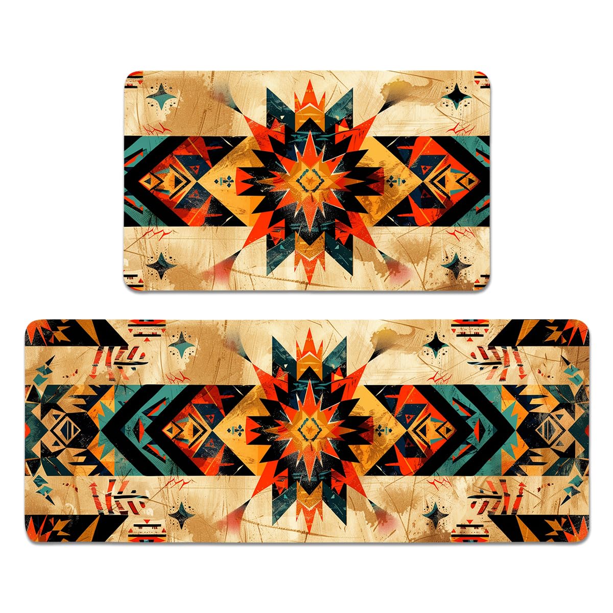 YWZDS Navajo Kitchen Rugs Set of 2, Southwestern Tribal Style Kitchen Mats with Rubber Backing Non Slip Washable, Native American Home Decor （17"X30"+