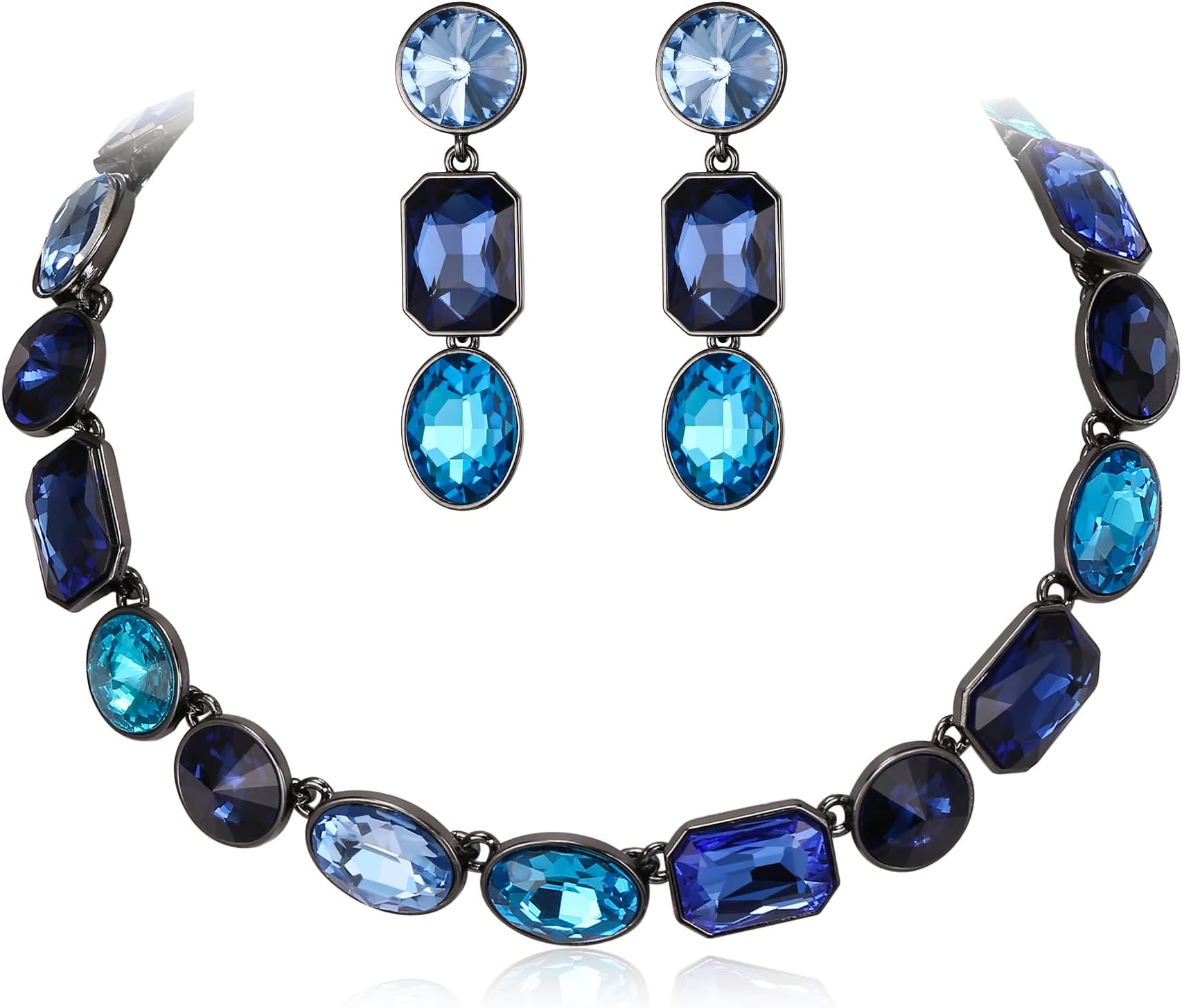 ClearineGorgeous Sparkly Emerald Cut Oval Rhinestone Cluster Statement Necklace Dangle Earrings Jewellery Set for Women Girls Costume Party Prom