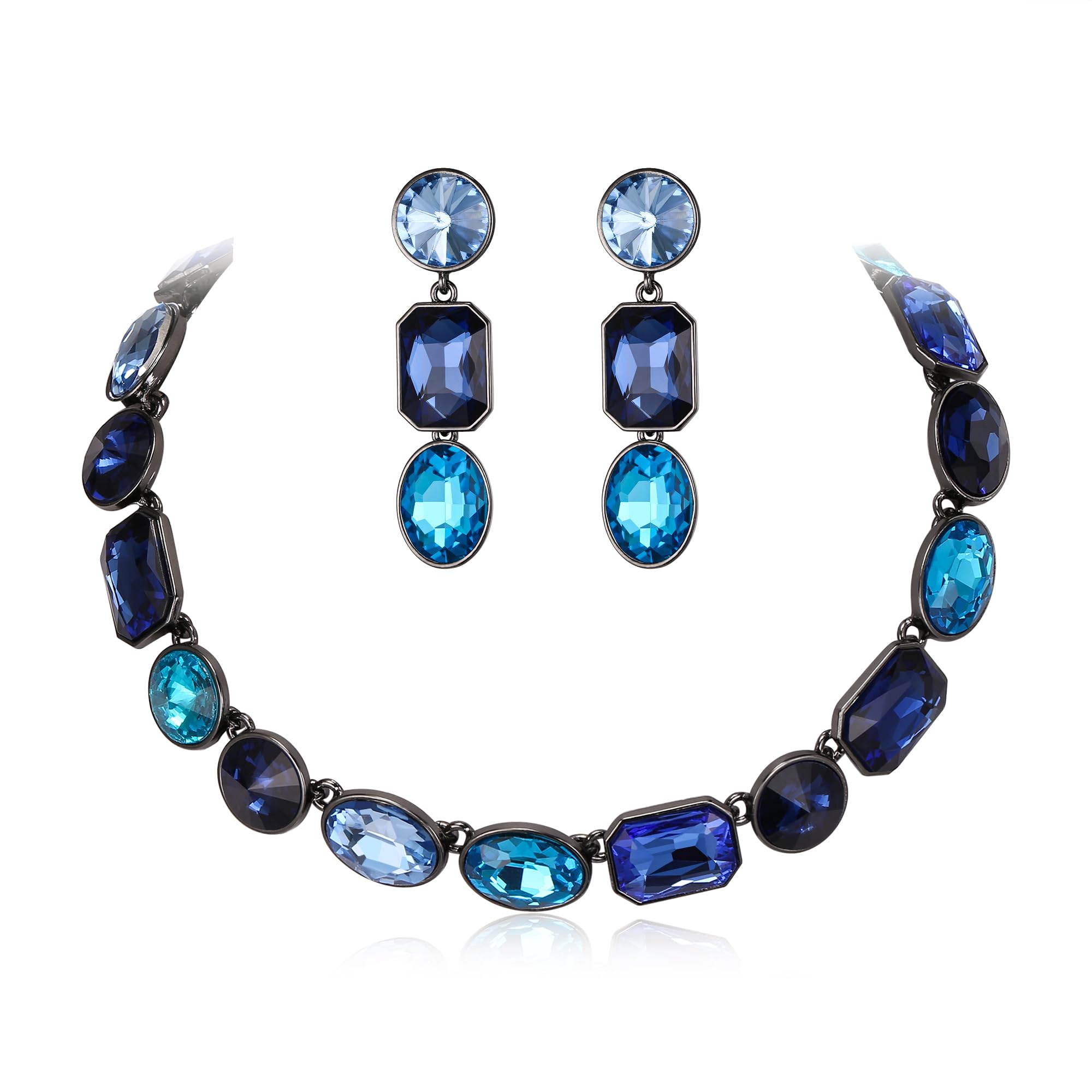 ClearineGorgeous Sparkly Emerald Cut Oval Rhinestone Cluster Statement Necklace Dangle Earrings Jewellery Set for Women Girls Costume Party Prom