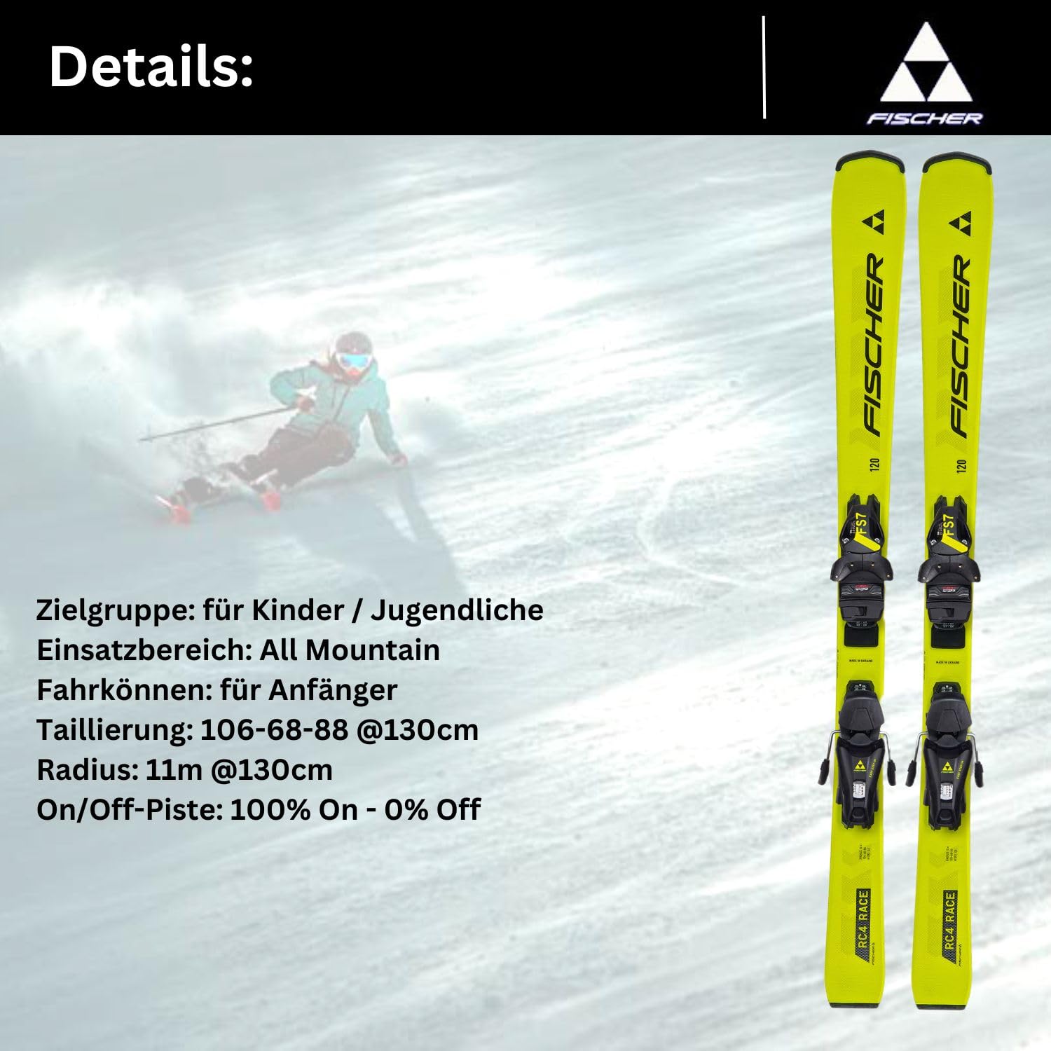 Sci per bambini, sci alpino, sci da giovanile Juniorski – Fischer RC4 Race JRS – con attacco FS7 CA JRS Z2 – 7,5 – Modello 2024 – All Mountain Ski per principianti
