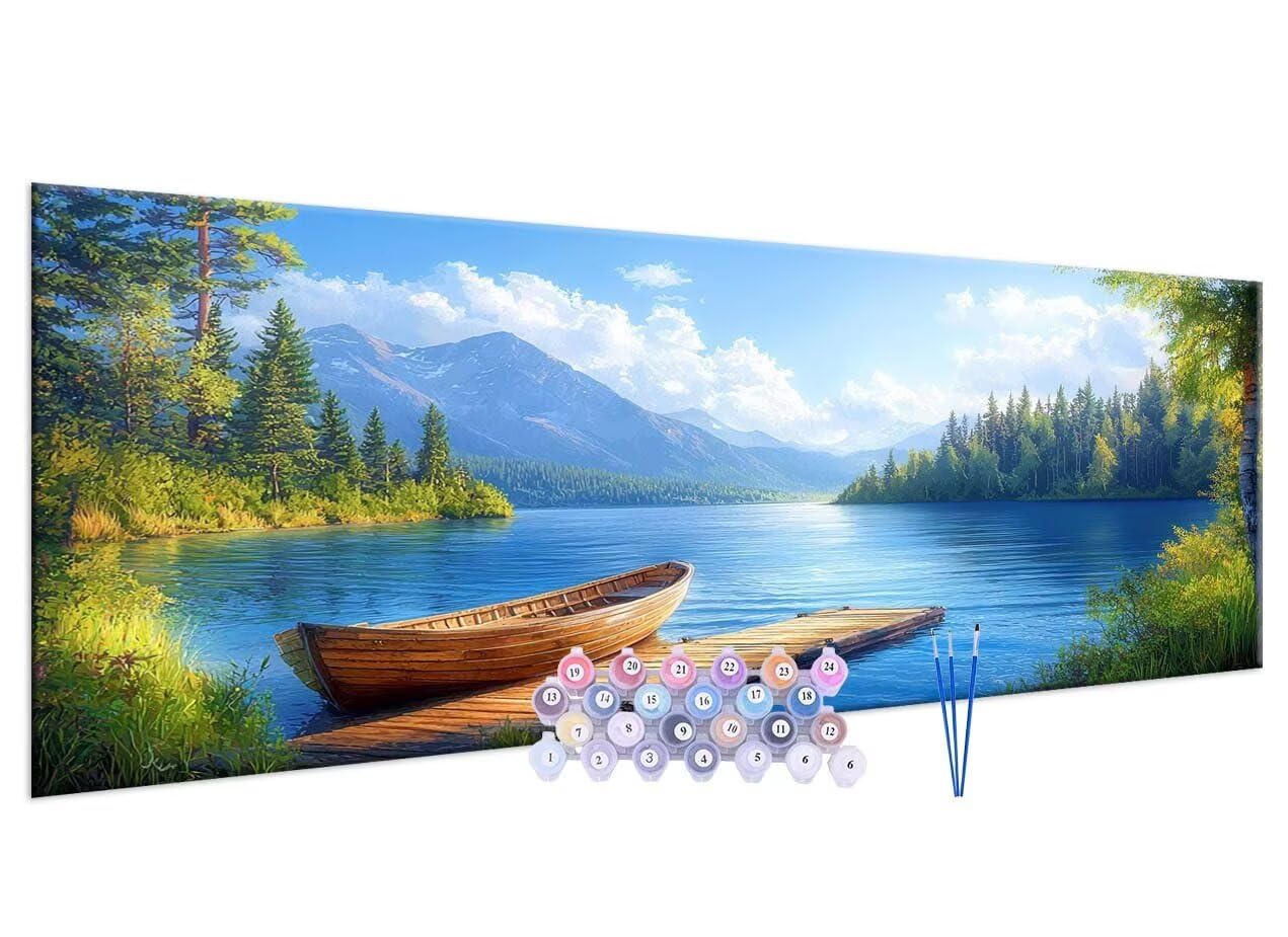 Pintura por Números para Adultos, 90x180cm Acrílica Pintura por Números para Niños Adultos Principiantes Pintura con 3 Pinceles Acuarela Lago barco Paint by Number Niños Decoración del hogar R177