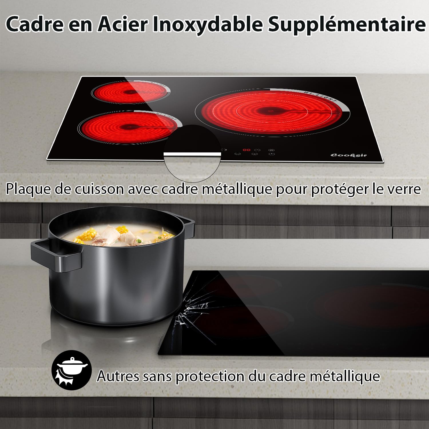 Four Encastrable 60CM avec Prise, 60 Litres, 2000W, 7 Fonctions, Bouton Rotatif+Table de Cuisson Vitrocéramique 3 Feux, 5700W, Plaque électrique Encastrable 60CM