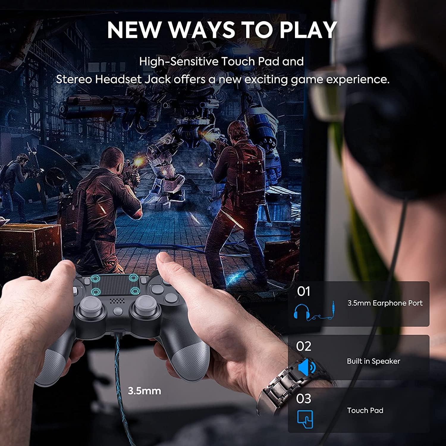BJXOZ Wireless Controller für PS4, mit Vibration, Kopfhörerbuchse, 6-Achsen Gyro Sensor, Screenshot, Touchpanel, Gamepad für PS4/Slim/Pro/PC
