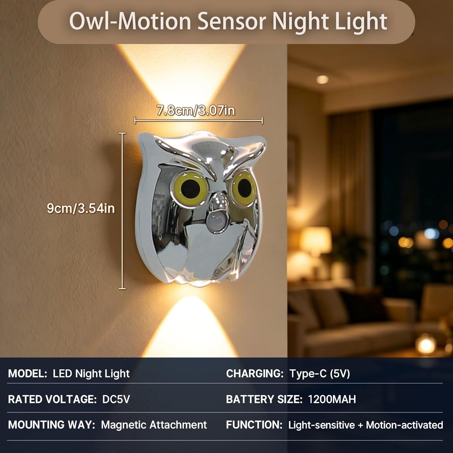 Motion Sensor Night Light: Rechargeable Cute Owl Lamp 2-Pack Magnetic Wireless Wall Sconce & Warm Glow Auto On/Off for Bedroom Hallway Stairs Bathroom(Silver)