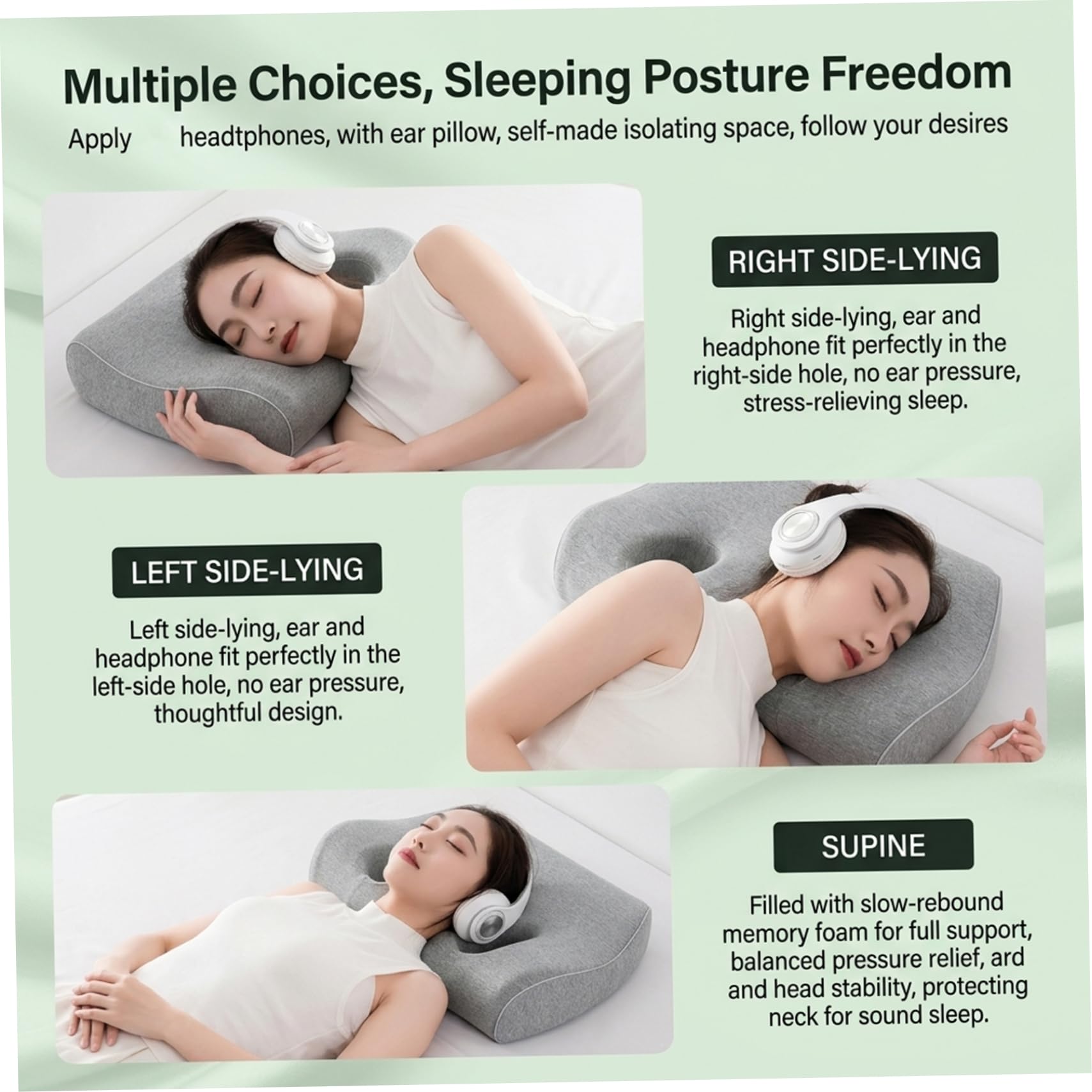 Almohada ergonómica para Piercing de Oreja de Espuma viscoelástica con Agujeros para Auriculares, Color Blanco, cómoda Almohada para Dormir de Lado para Piercings, Viajes