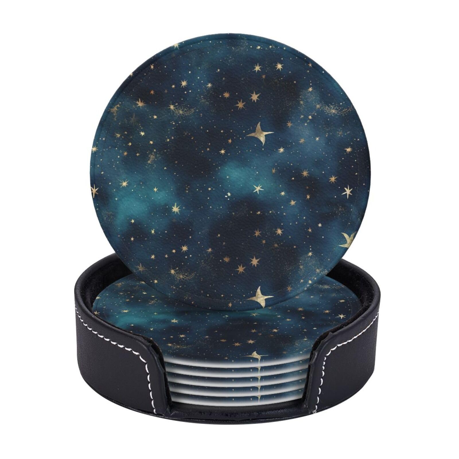 6PCS Drink Coasters with Holder, 4" Leather Coasters for Drinks, Night Sky Stars Cup Coasters for Coffee Table Decor, Non-Slip Drinking Cup Mat for Hot or Cold Drink