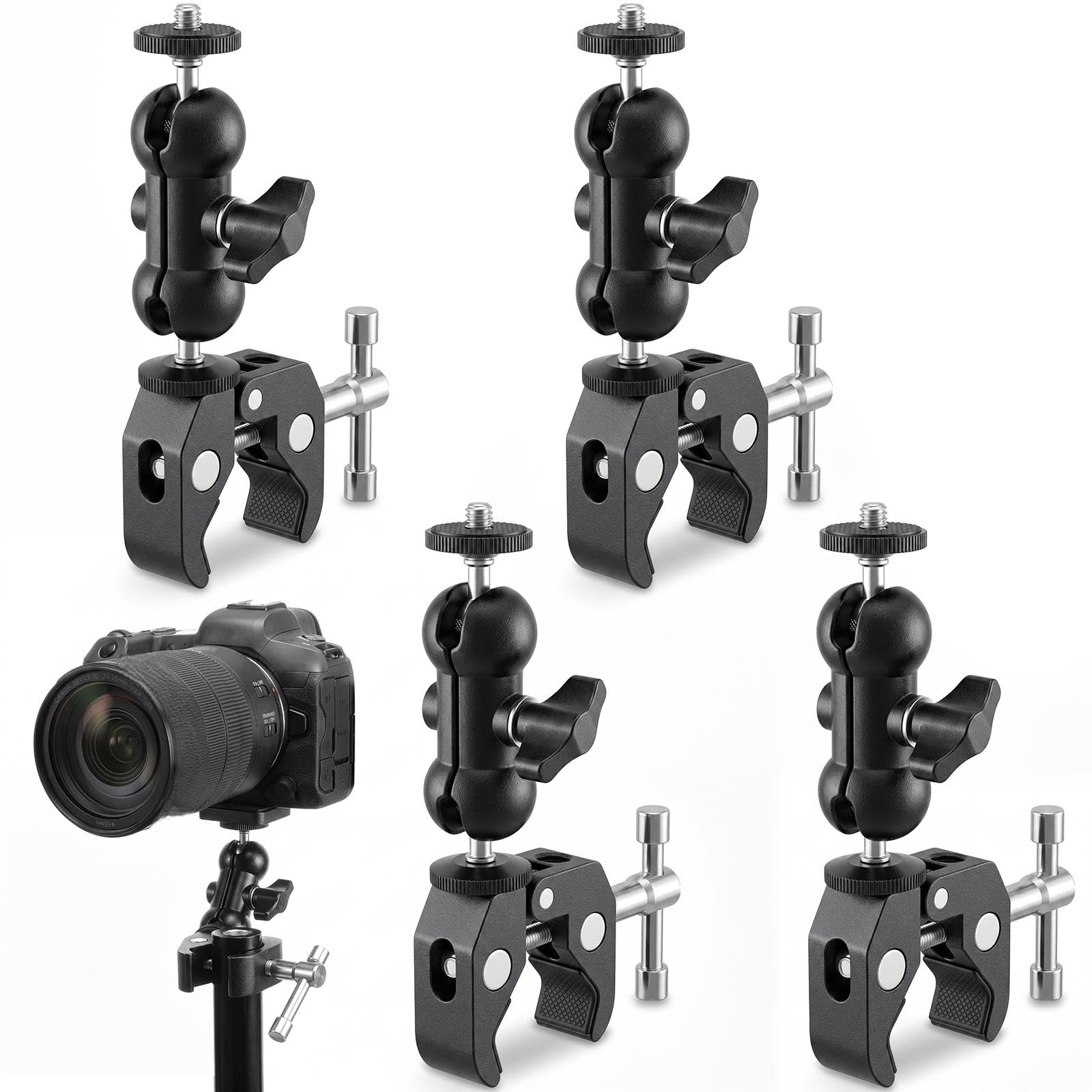 Tellegloww Confezione da 4 morsetti per montaggio fotocamera con braccio magico a doppia testa a sfera a 360°, kit di montaggio super morsetti resistenti, morsetto regolabile per fotocamera DSLR