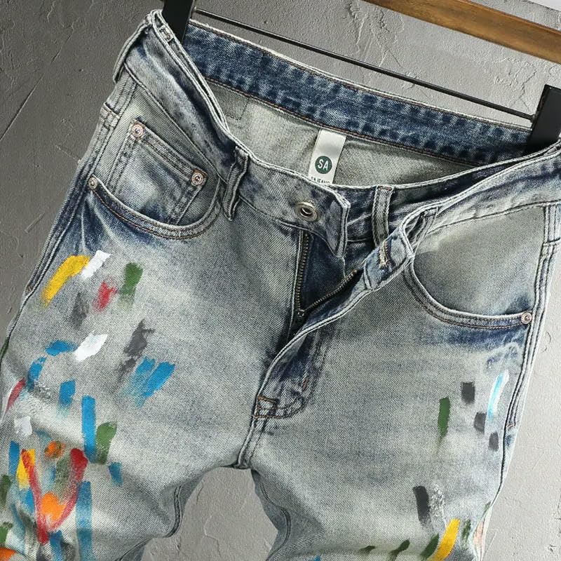 Men Jeans Washed Blue Hand-Painted Graffiti Elastic Stretch Slim Fit Ripped Painted Jeans Mens Hip Hop Denim Pants3