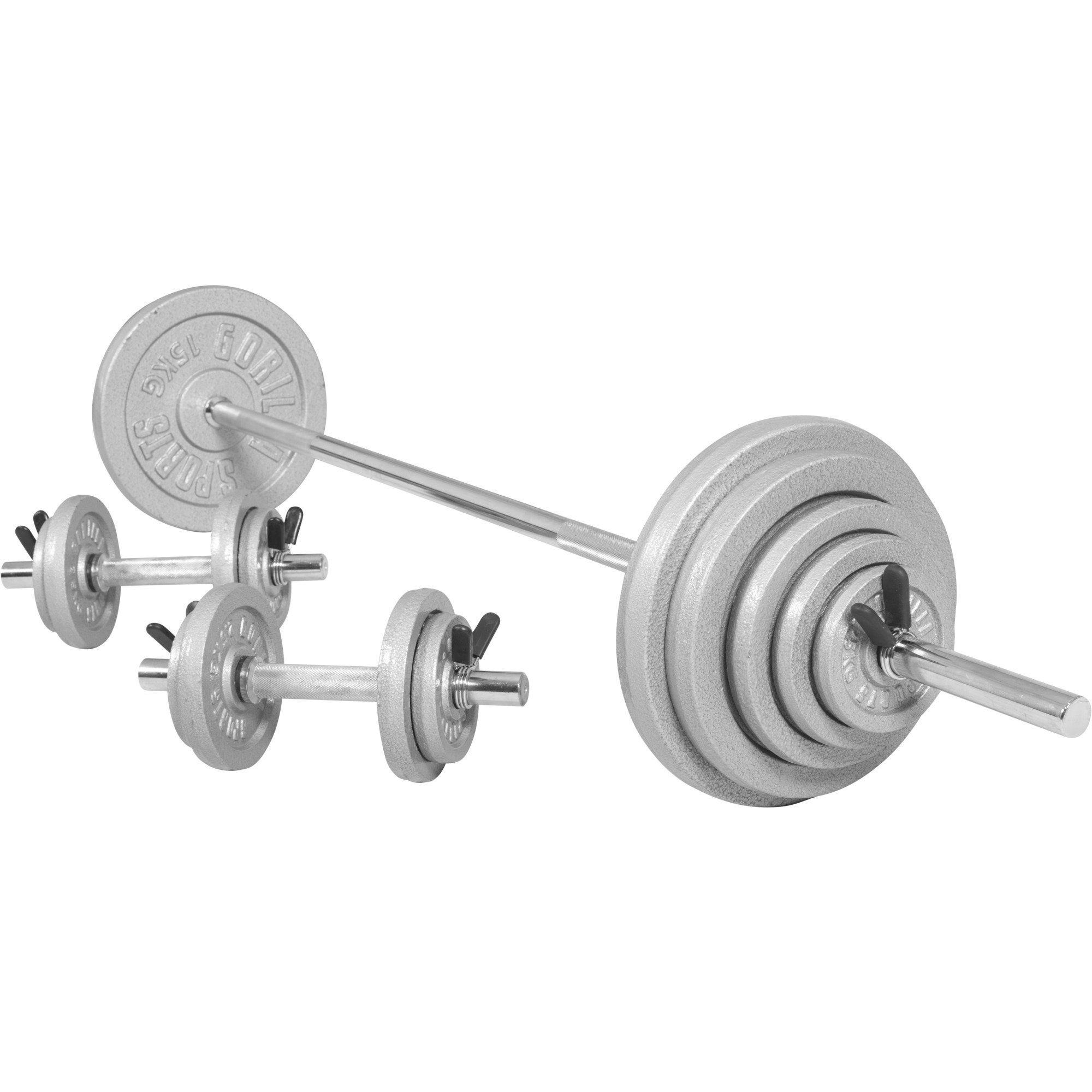 GORILLA SPORTS® Hantelset 100 kg mit Langhantel und 2 Kurzhanteln, 30 mm | Gusseisen-Gewichte, Langhantelstange 170 cm, Kurzhanteln 35 cm und 6 Stern- oder Federverschlüsse für Krafttraining