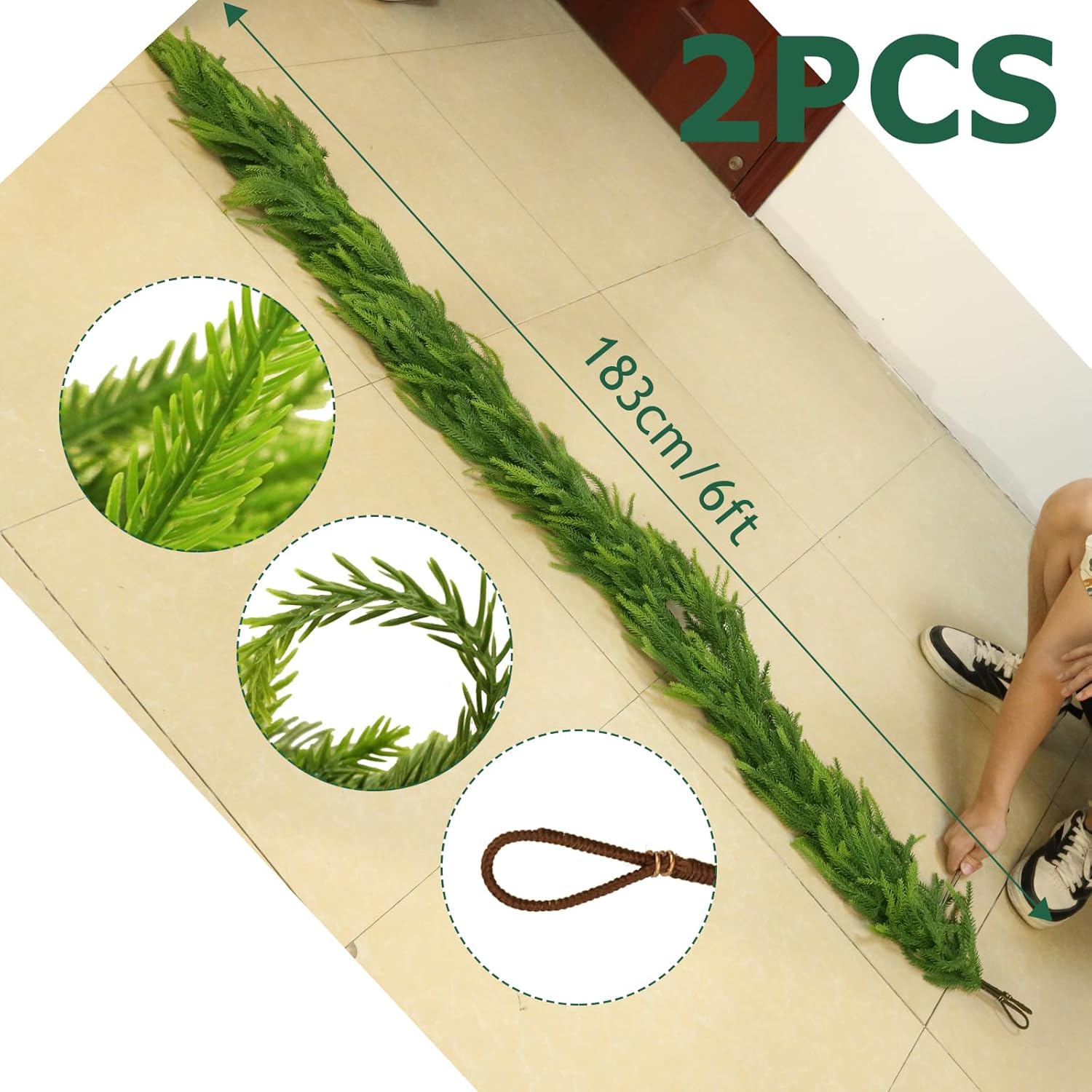 FUNANASUN 2 Pcs 6FT Artificial Norfolk Pine Garlands, Real Touch Full & Lush Christmas Garland, Dark Green Faux Greenery for Fireplace Mantle, Table, Stairs, Indoor Outdoor Decor (2-Pack) - Image 2