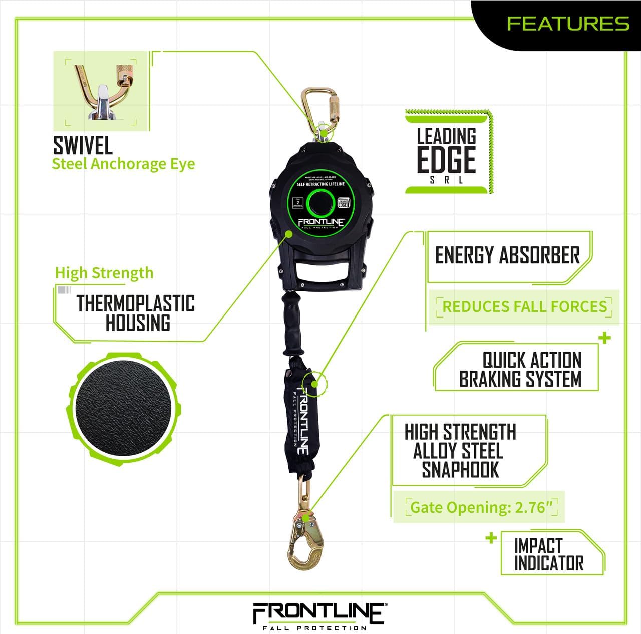 Frontline RPGCLE50' Leading Edge Cable SRL with Carry Handle & Tagline | Durable Thermoplastic Housing | Ergonomic Design | High Strength Components | ANSI & OSHA Compliant (1 Pack)