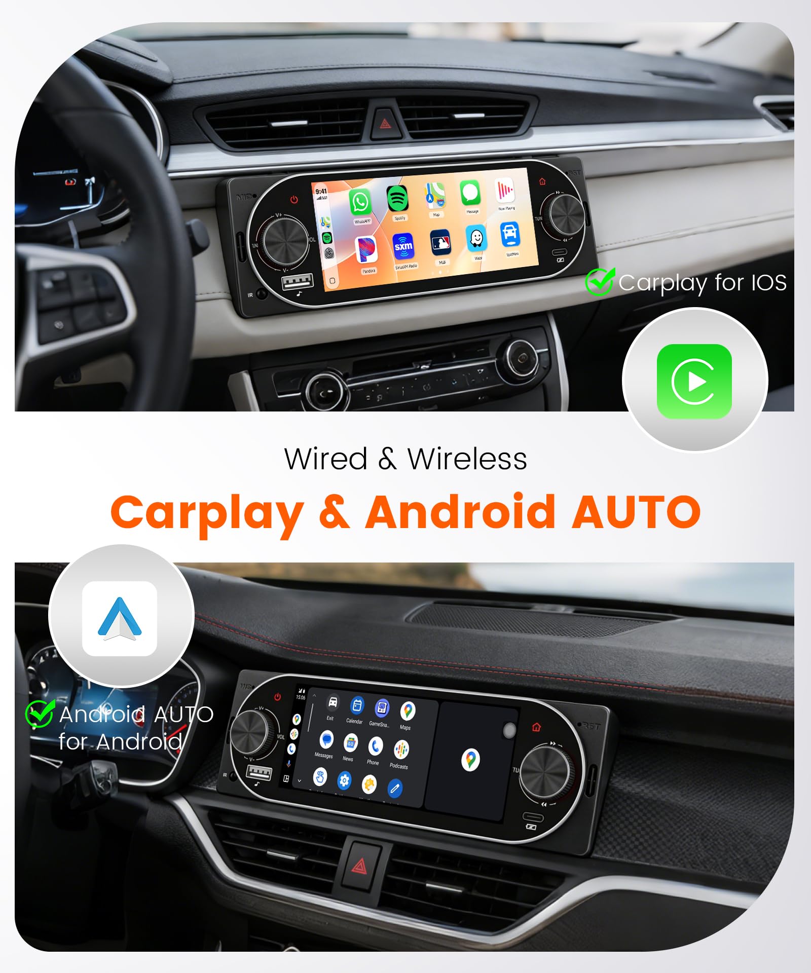 Rimoody Autoradio 1 DIN con Carplay e Android Auto Wireless - Schermo 5,1 Pollici, Bluetooth 5.2, Mirror Link, Comandi al Volante, Telecamera Posteriore per Auto