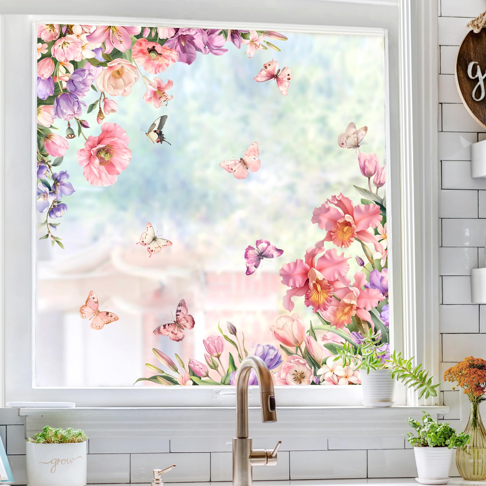 Tanlaby Pink Flowers Window Clings Spring Summer Floral Butterfly Window Stickers Double-Sided Static Sticker Anti-Collision Glass Decal for Mirror Glass Windows Doors Bathroom